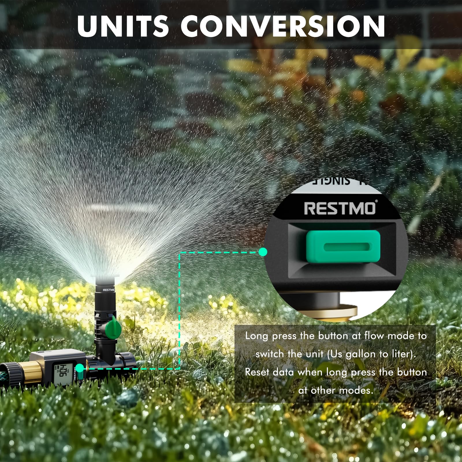 Restmo Smart Water Flow Meter showing measurement modes on display