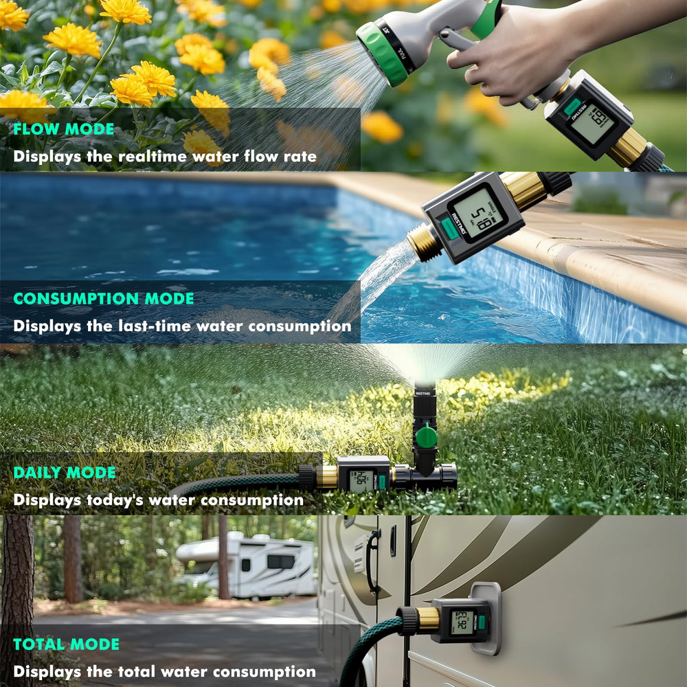 Restmo Smart Water Flow Meter with smartphone showing app