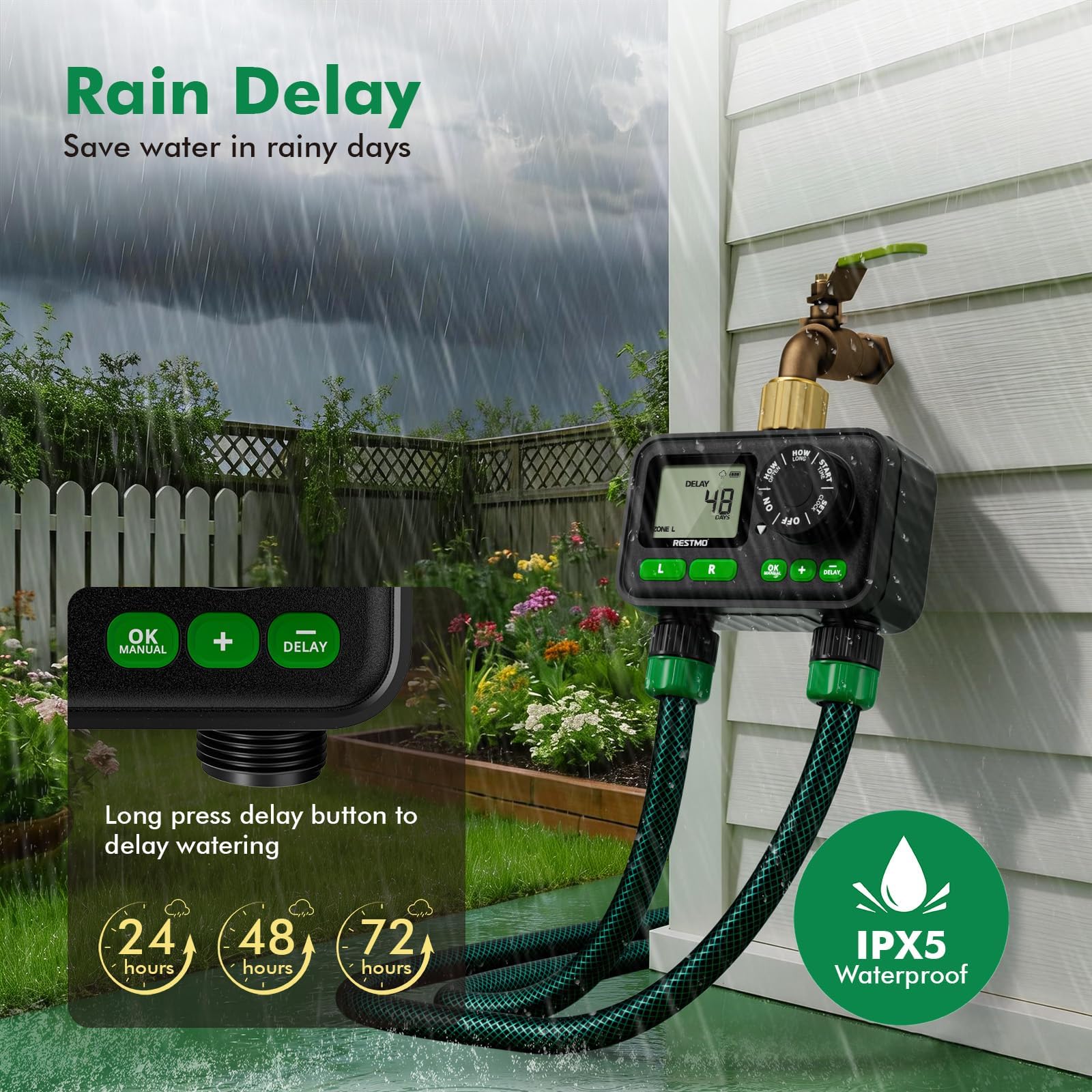 Restmo Sprinkler Timer set up in a garden environment
