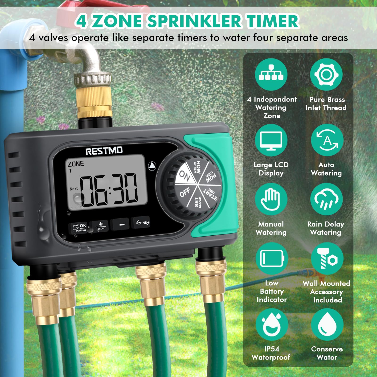 Restmo Sprinkler Timer with hose connections visible