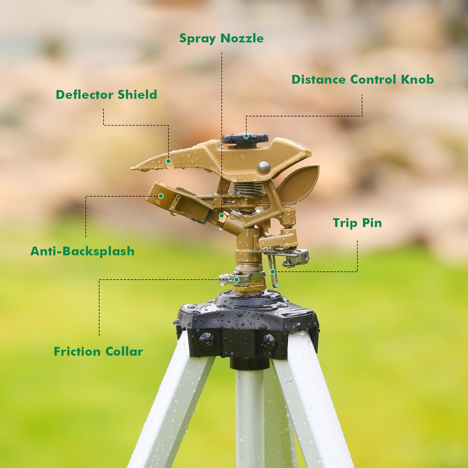 Restmo Tripod Sprinkler displayed with dimensions and specifications