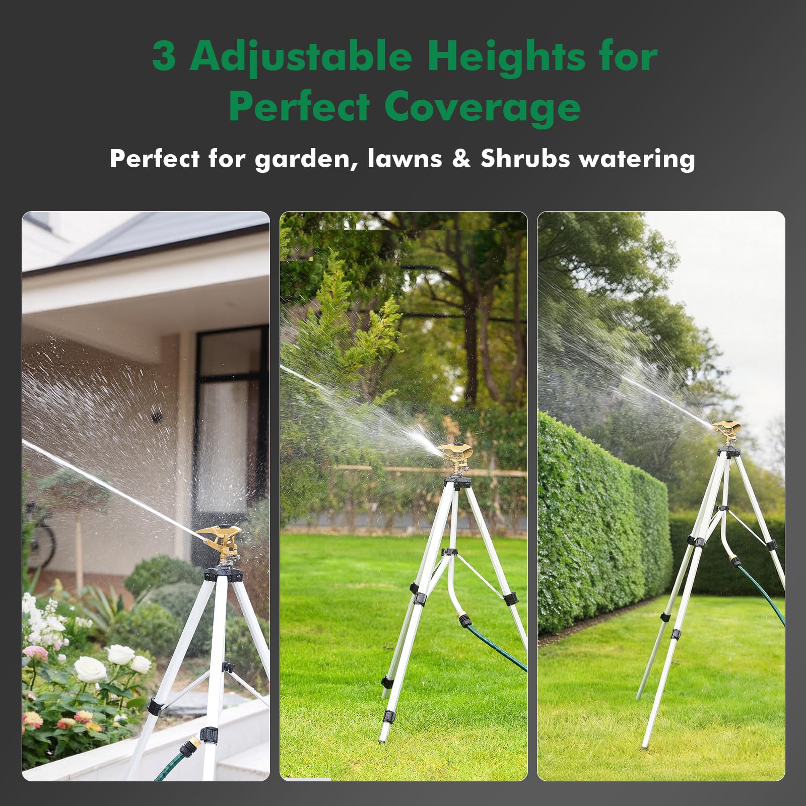 Restmo Tripod Sprinkler full view showing durable metal construction