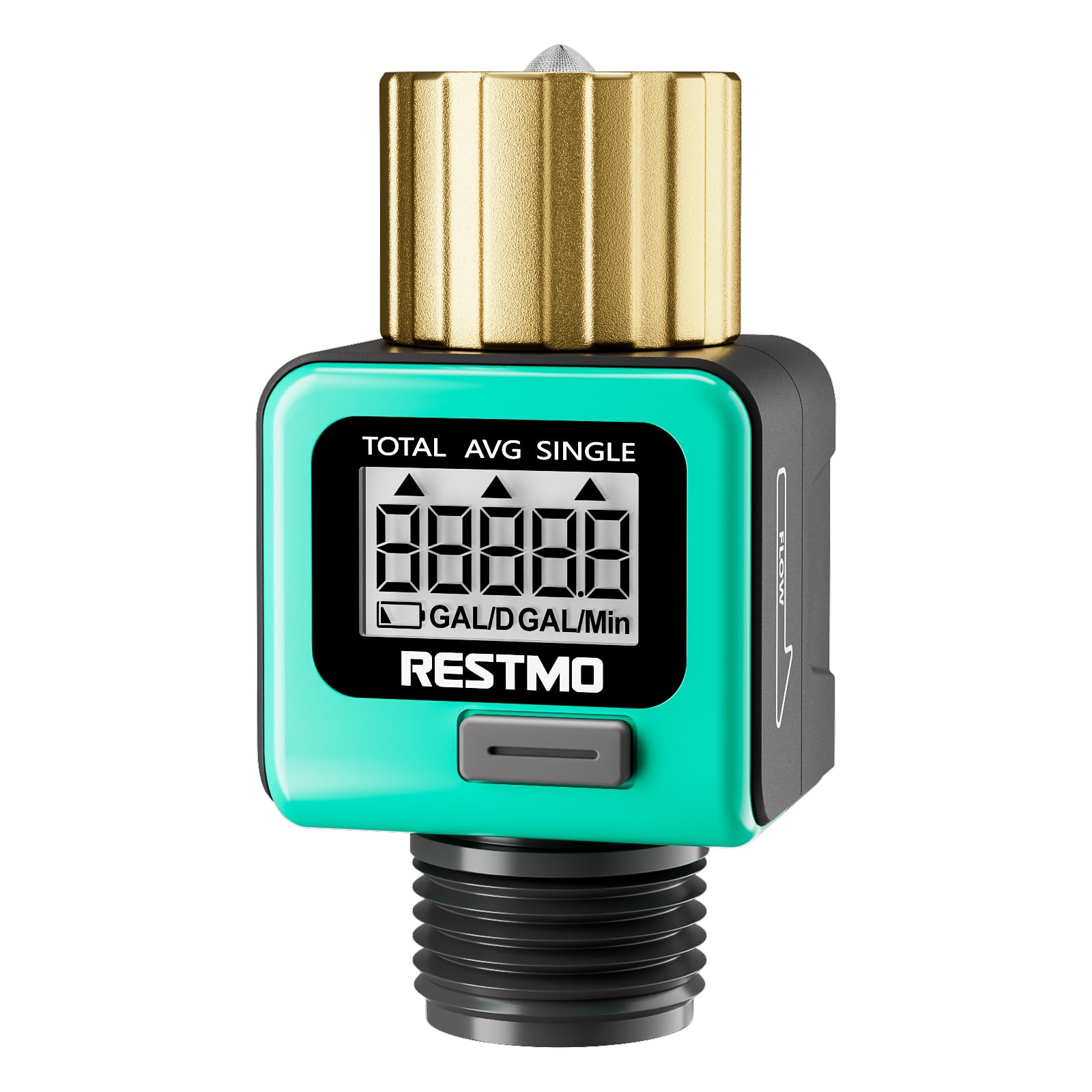 Restmo Water Flow Meter front view with LCD display