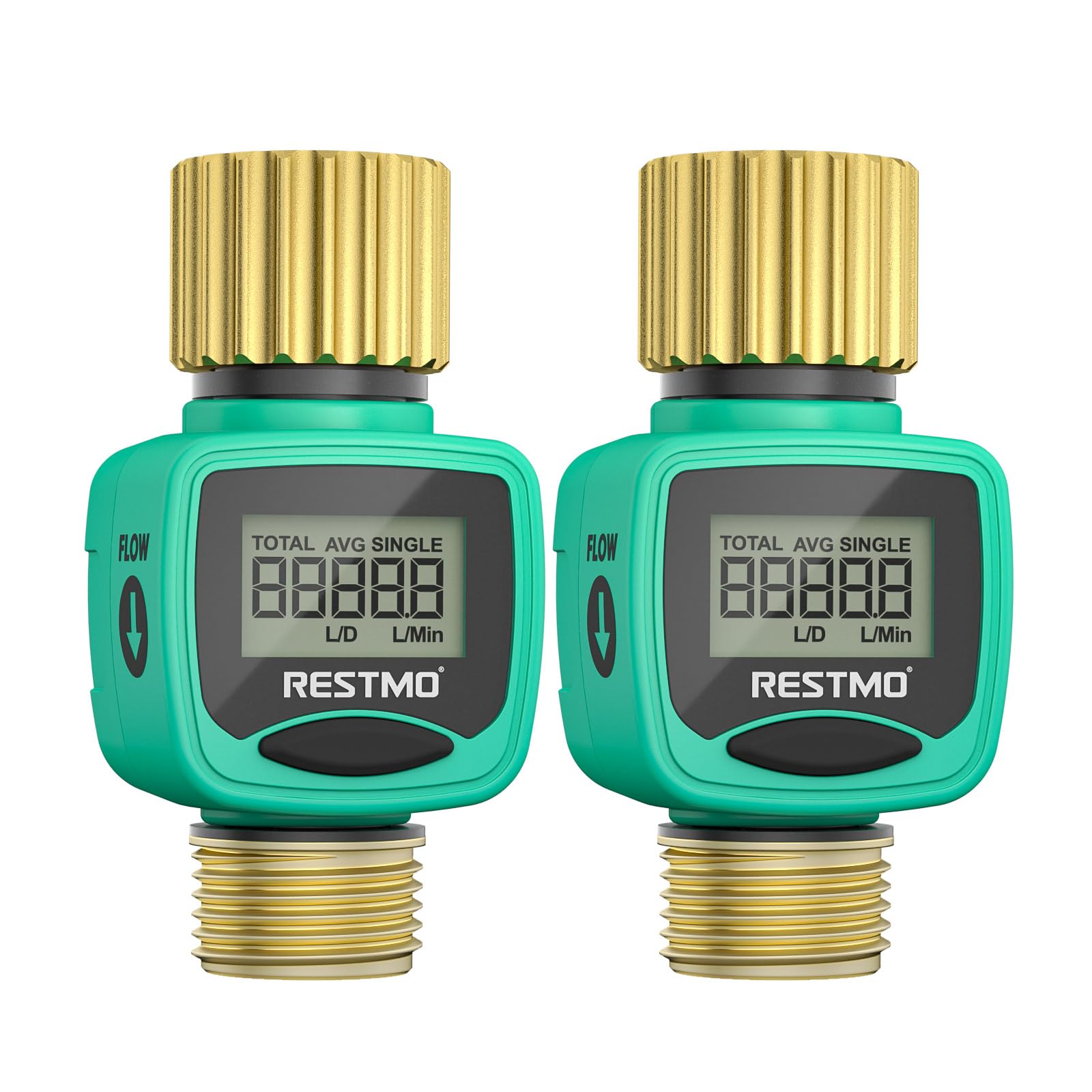 Restmo Water Flow Meter front view with LCD display