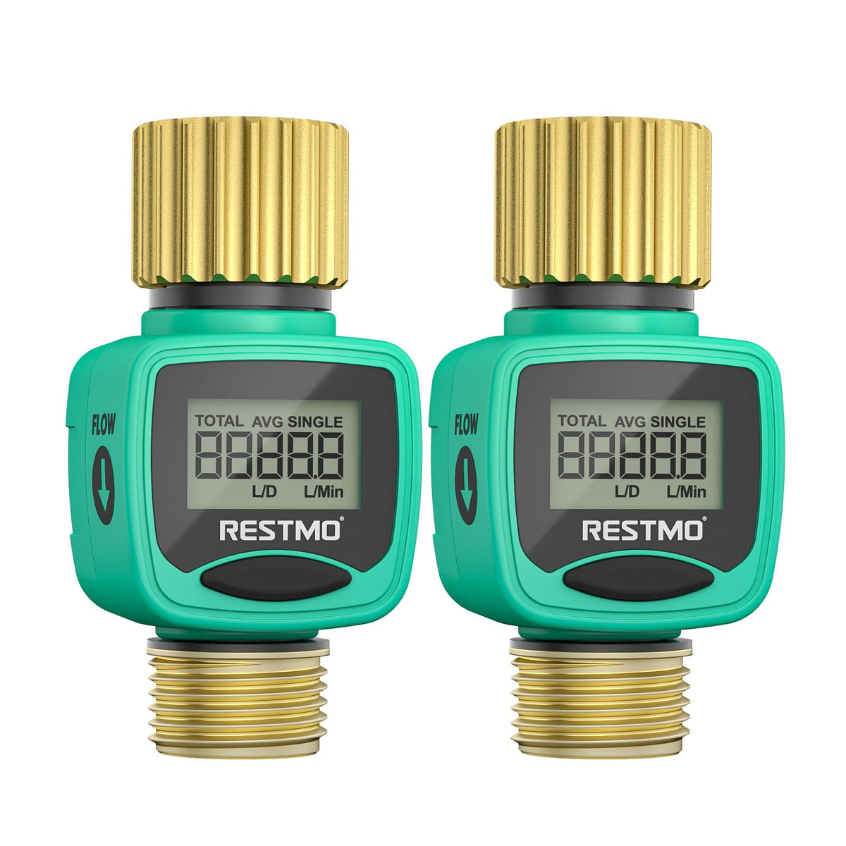 Restmo Water Flow Meter front view with LCD display