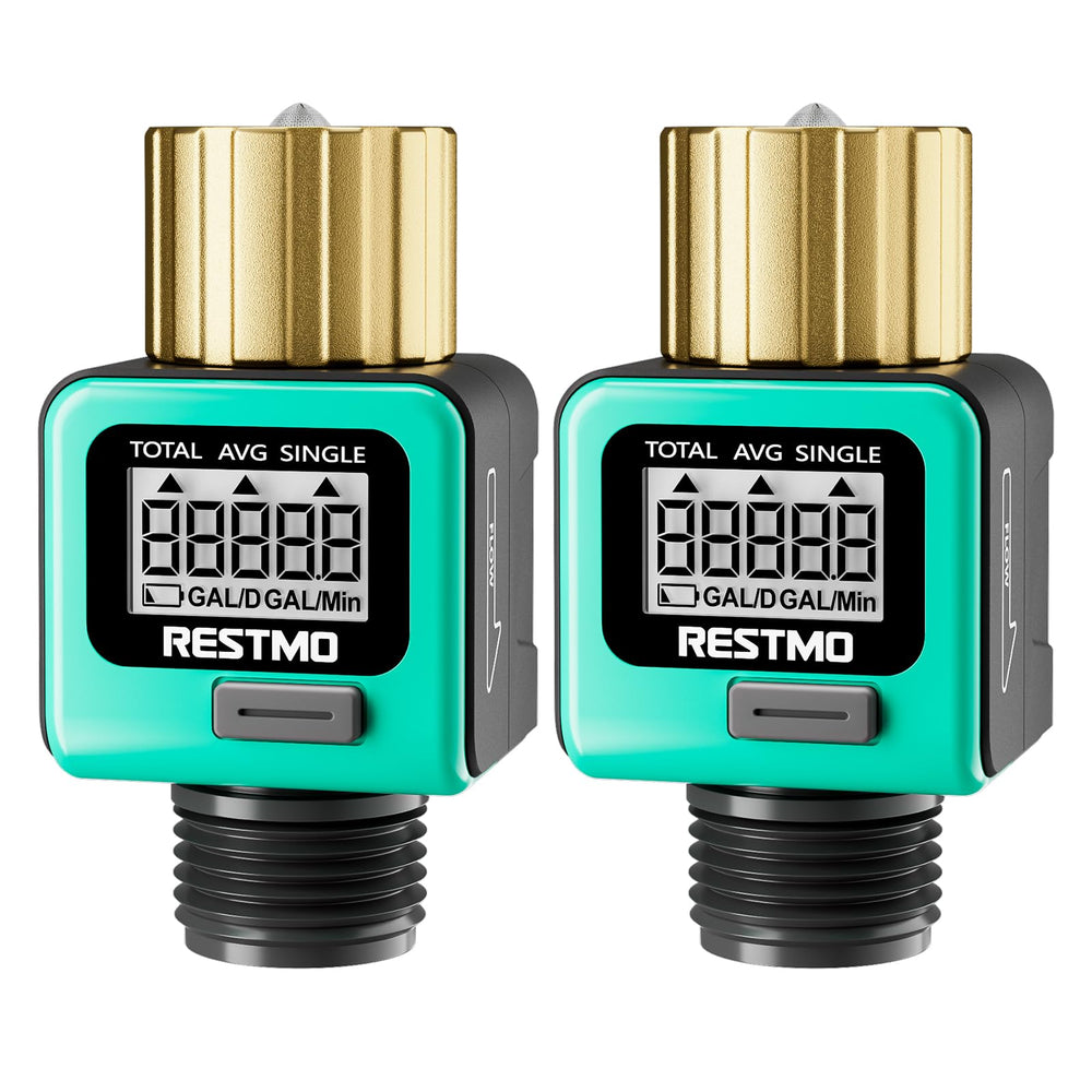 Restmo Water Flow Meter front view with LCD display