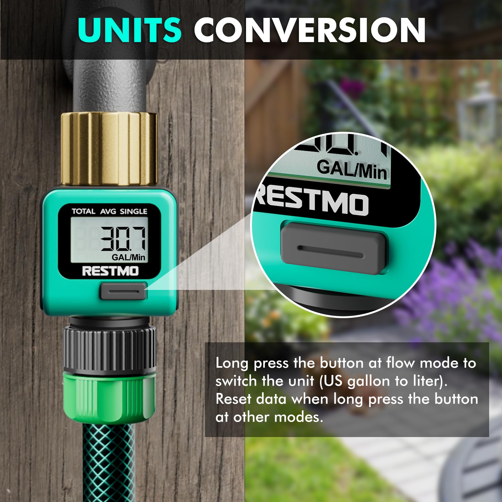 Restmo Water Flow Meter on garden hose