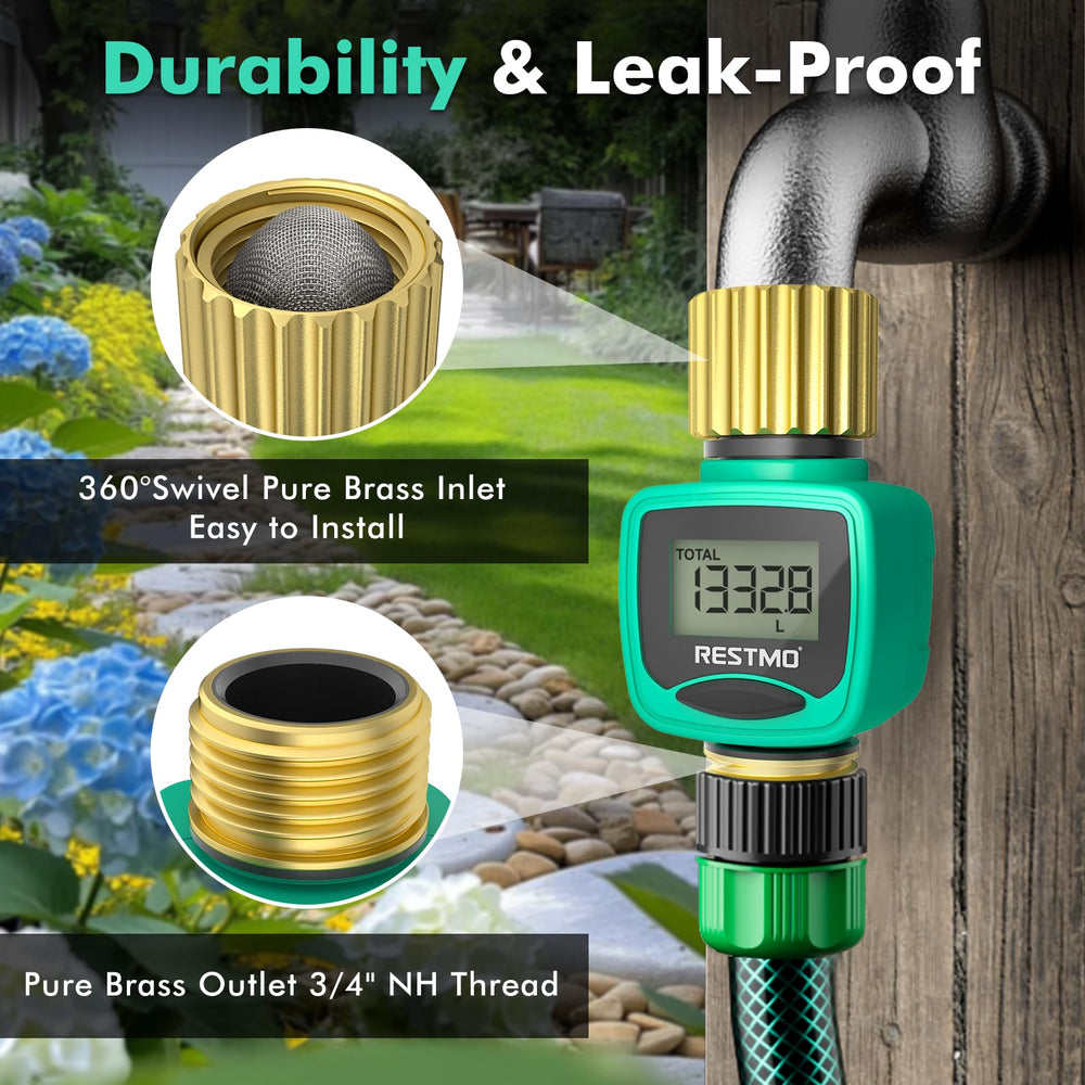 Restmo Water Flow Meter showing connection to garden hose
