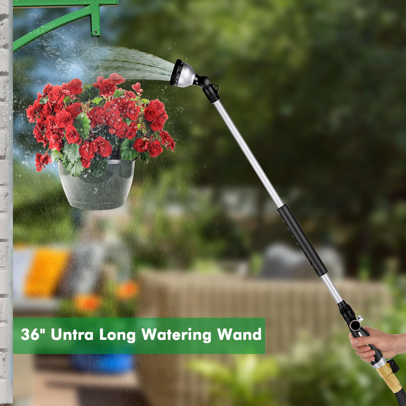 Restmo watering wand alongside a standard garden hose