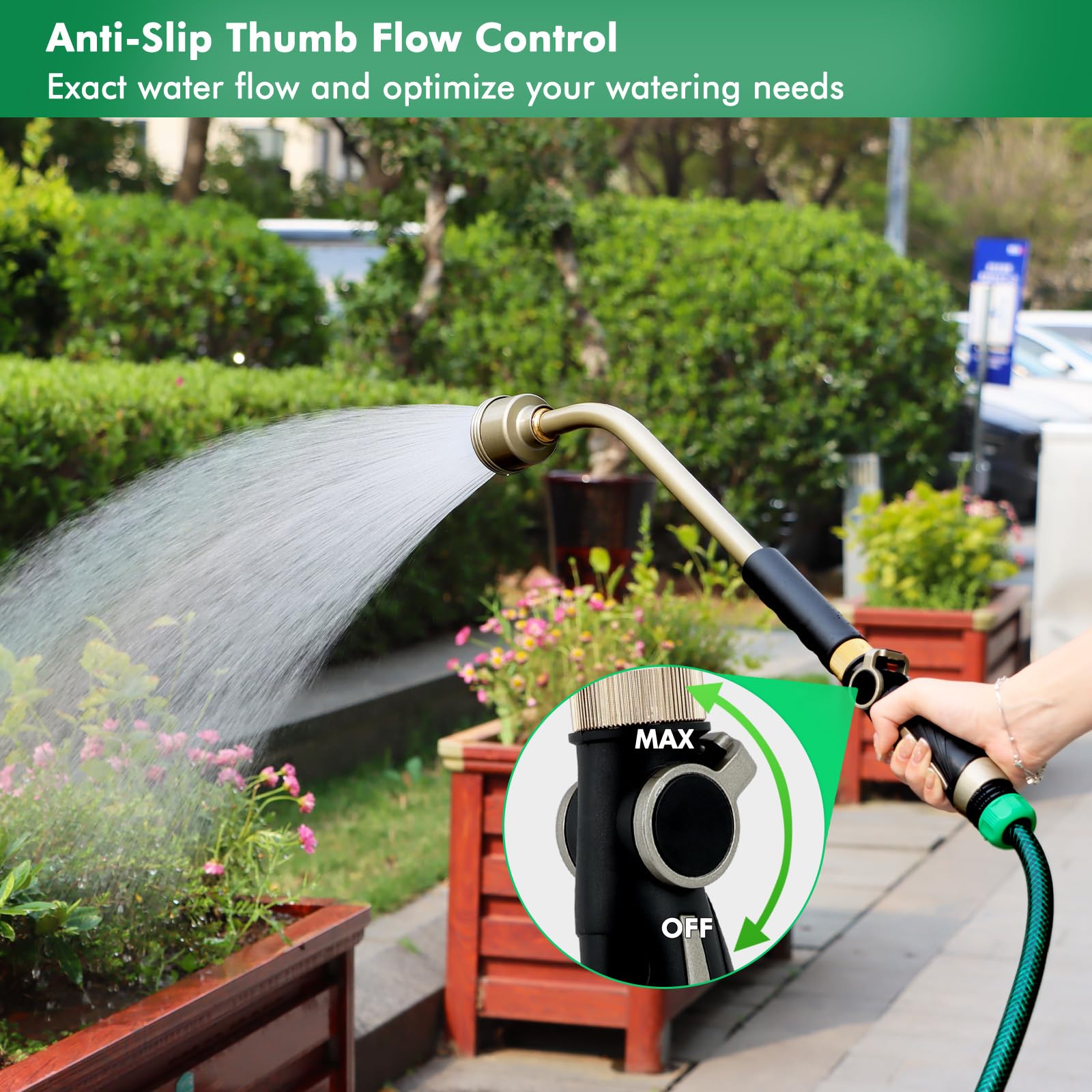Restmo watering wand with thumb control feature