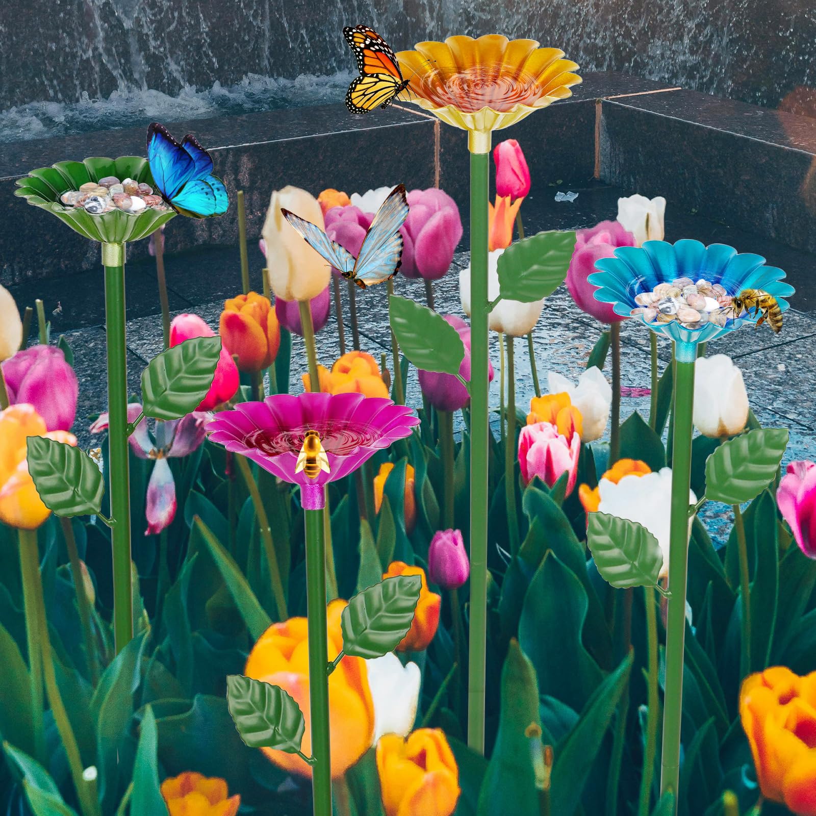 Retyion Bee Watering Station in yellow flower shape with green stem