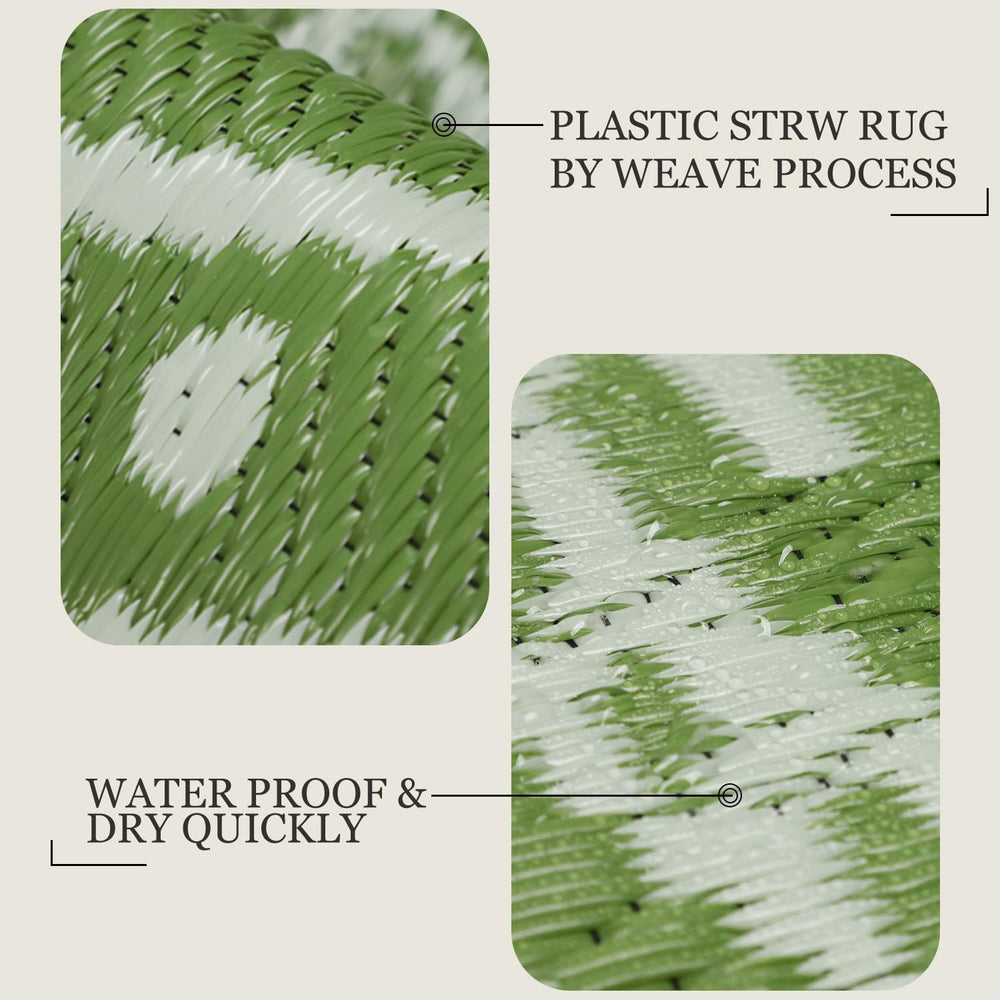 reversible design of famibay round outdoor rug showing two patterns