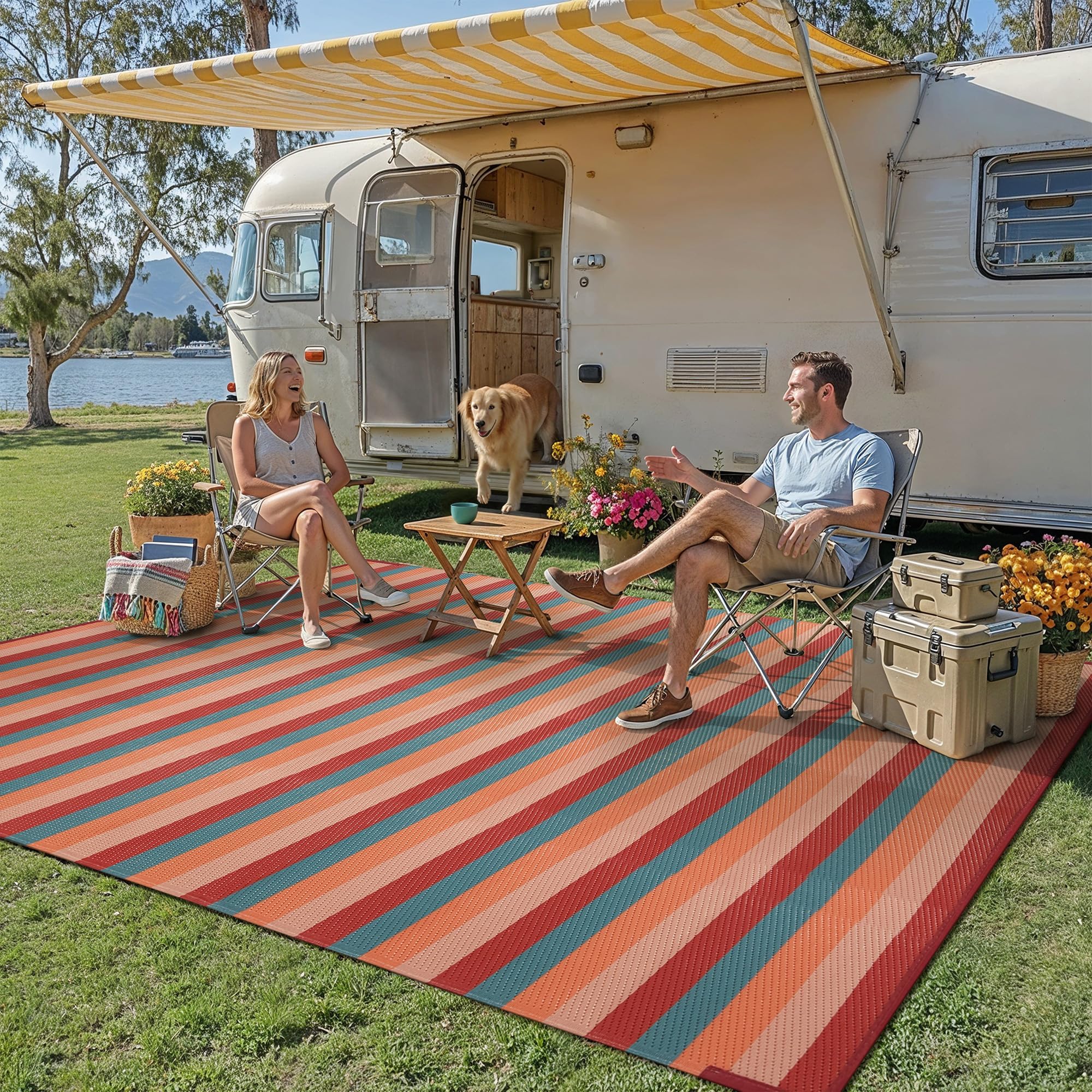 Reversible design of PureCozy outdoor rug showing both patterns