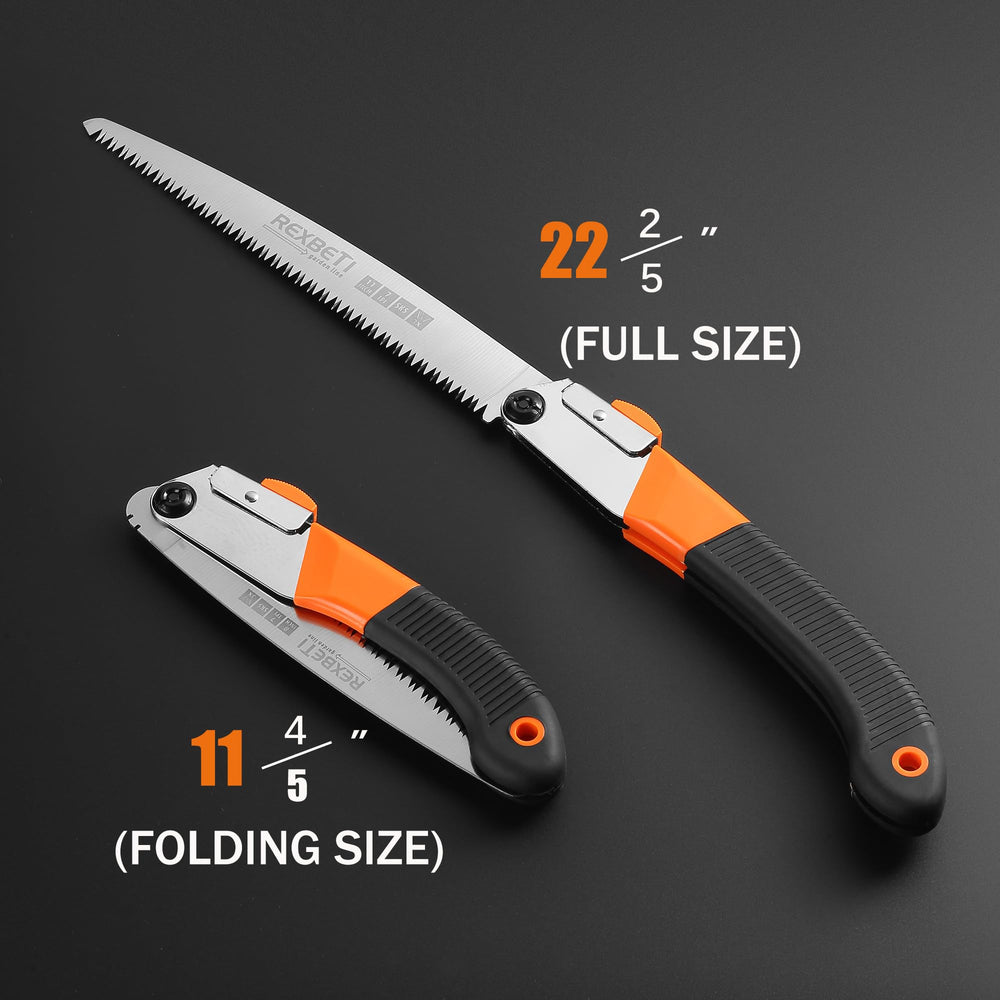 REXBETI 11-Inch Folding Saw demonstrating cutting action on wood
