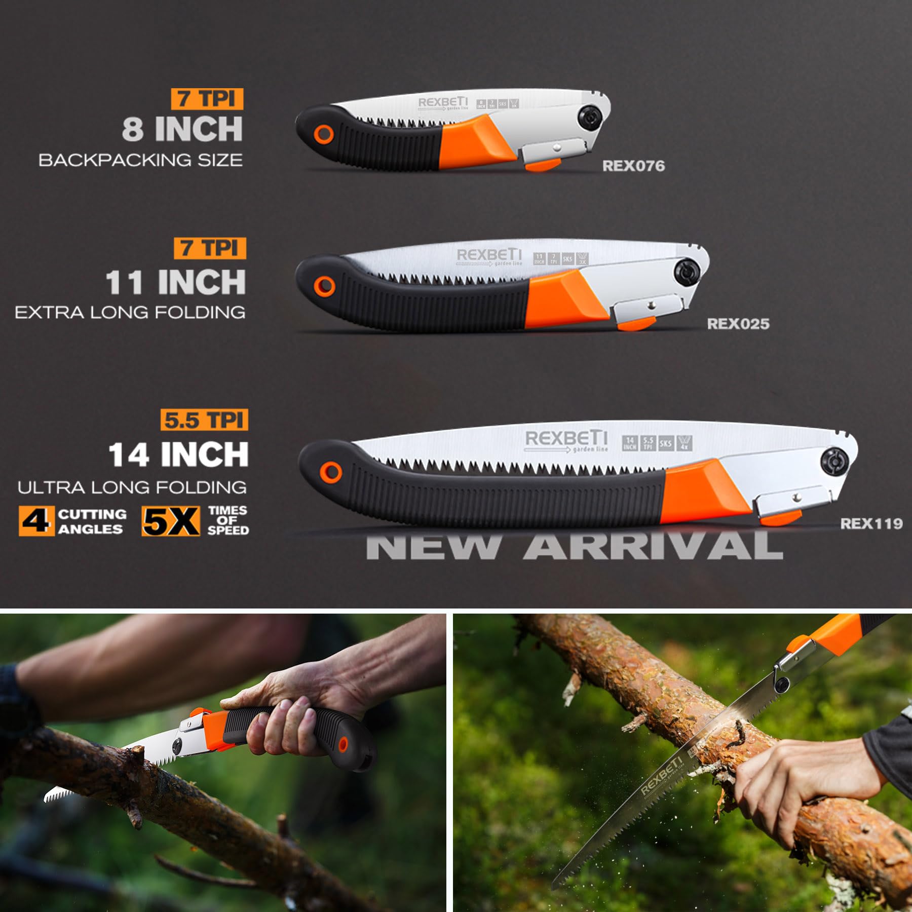 REXBETI 8-Inch Folding Hand Saw showing rubber-coated handle