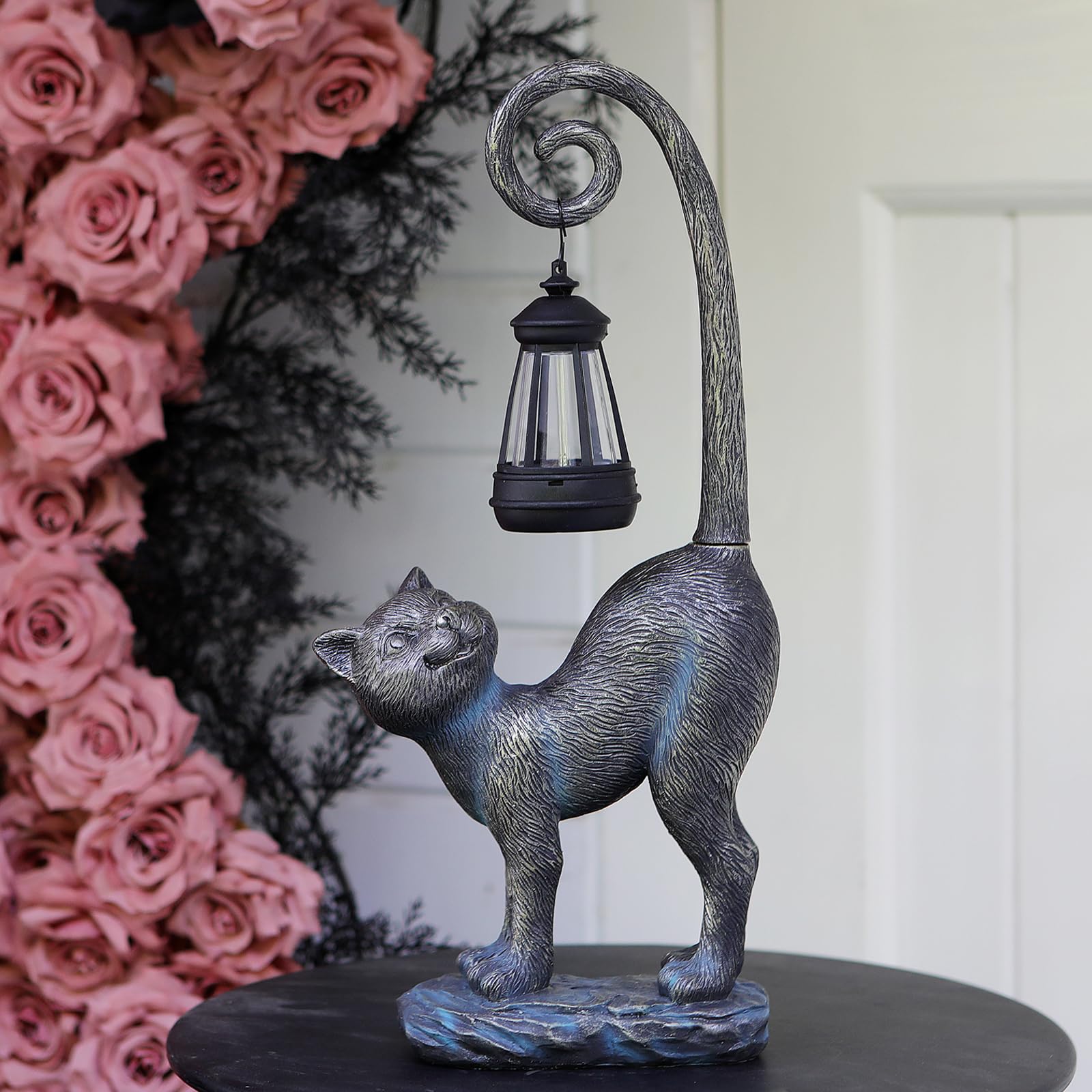 REYISO Cat Statue on patio with fall decorations