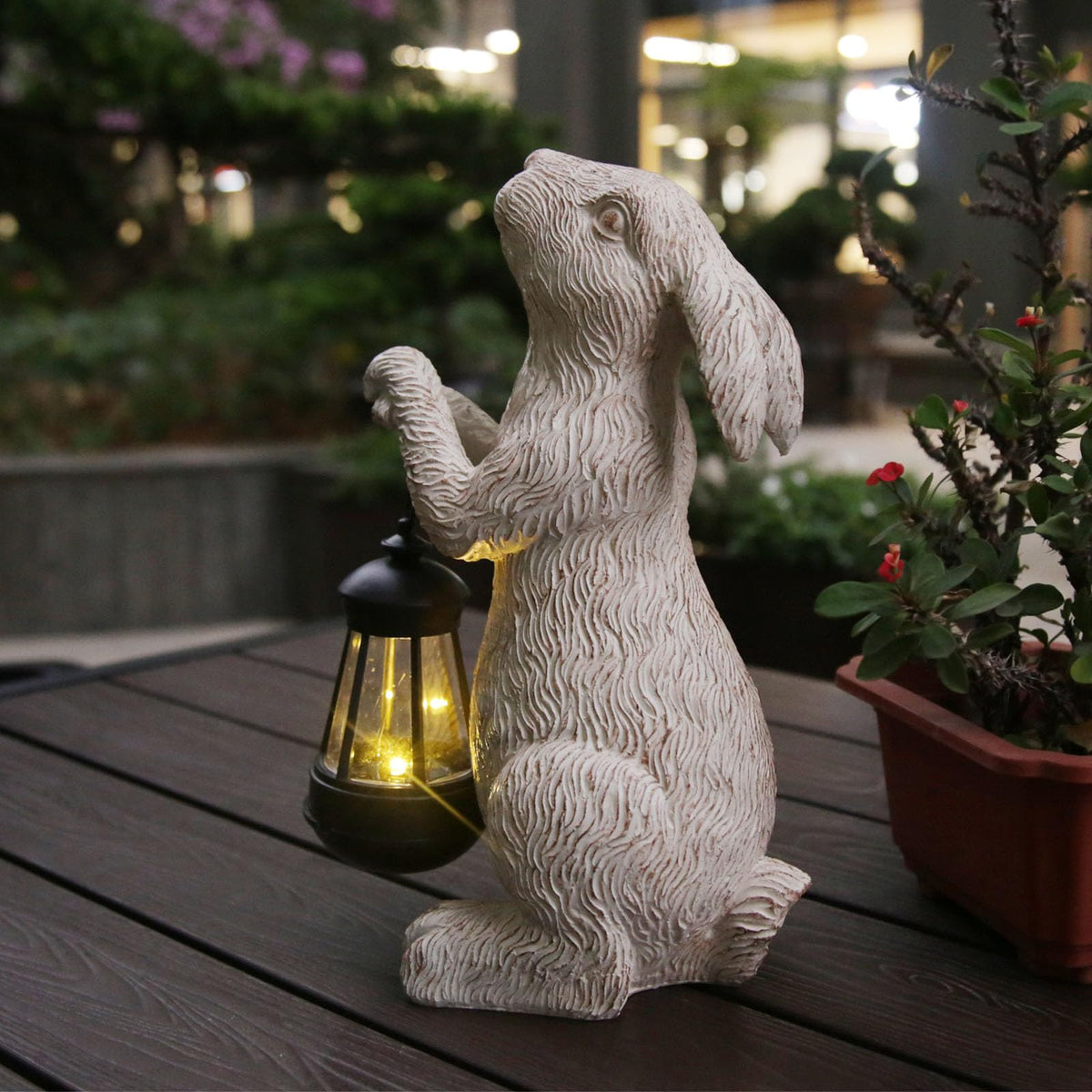 REYISO garden statue rabbit with solar lantern front view