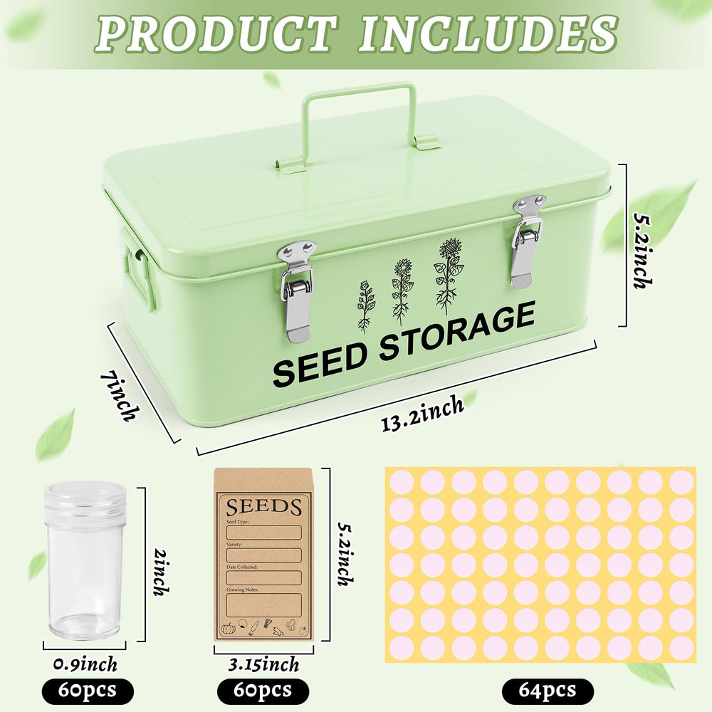 RGJ Metal Seed Storage Organizer with seed bottles and envelopes