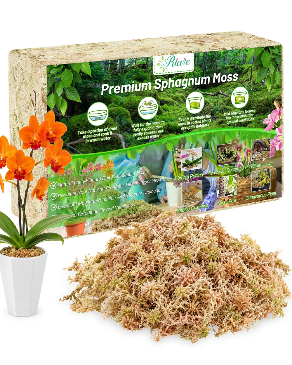 Riare 1.1LB Premium Sphagnum Moss compressed block front view