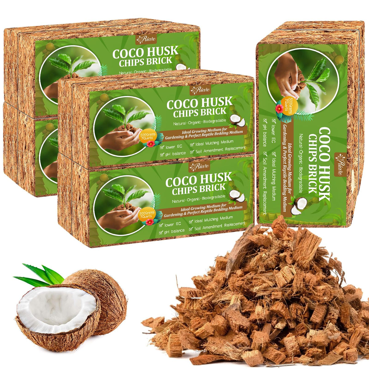 Riare 10 Pack Organic Coco Coir Chips brown bricks