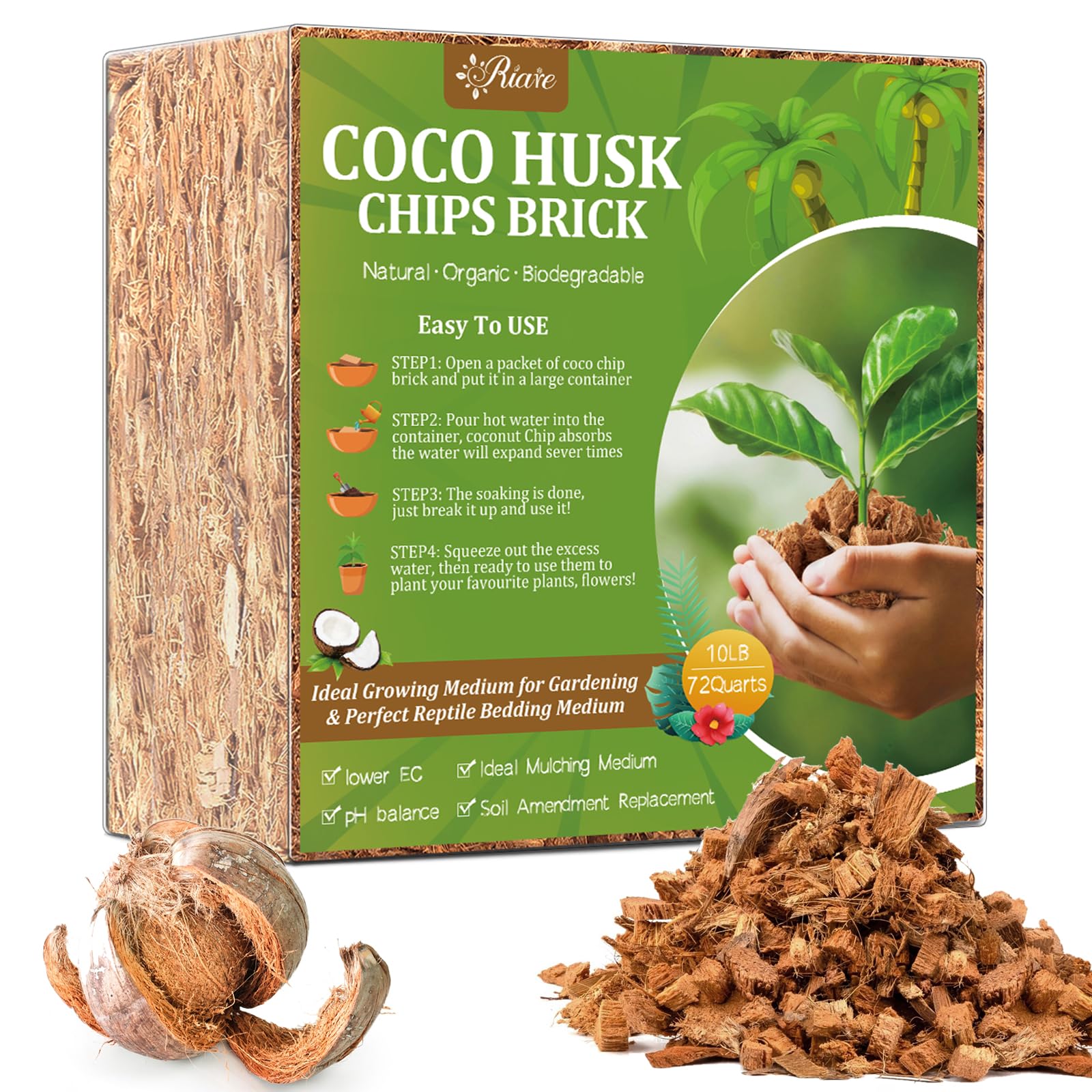 Riare 10LB Organic Coconut Coir Chips brown bricks front view