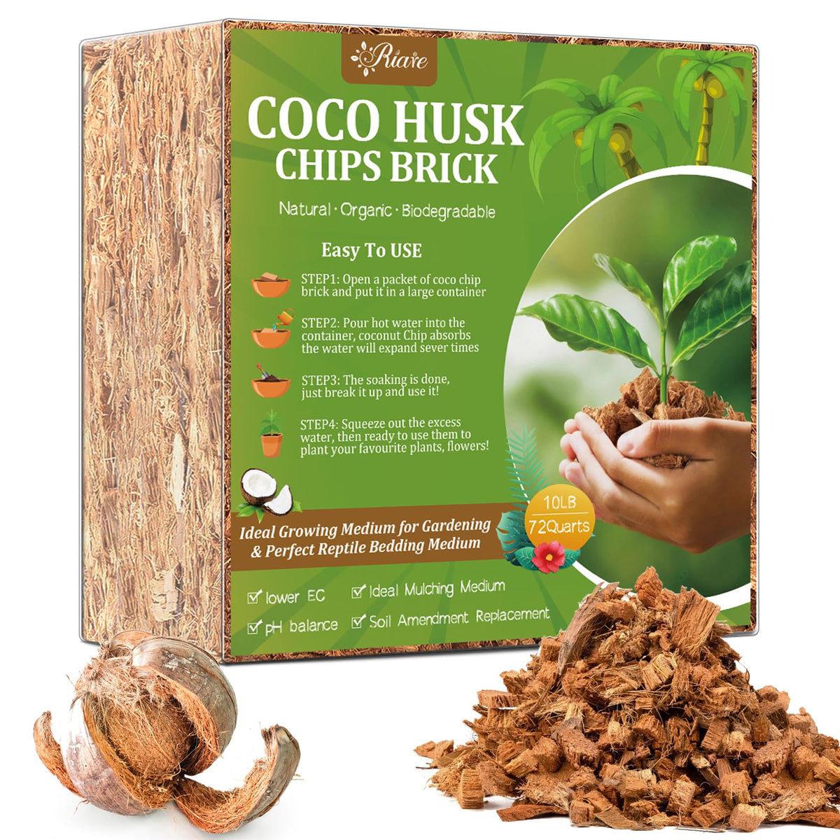 Riare 10LB Organic Coconut Coir Chips brown bricks front view
