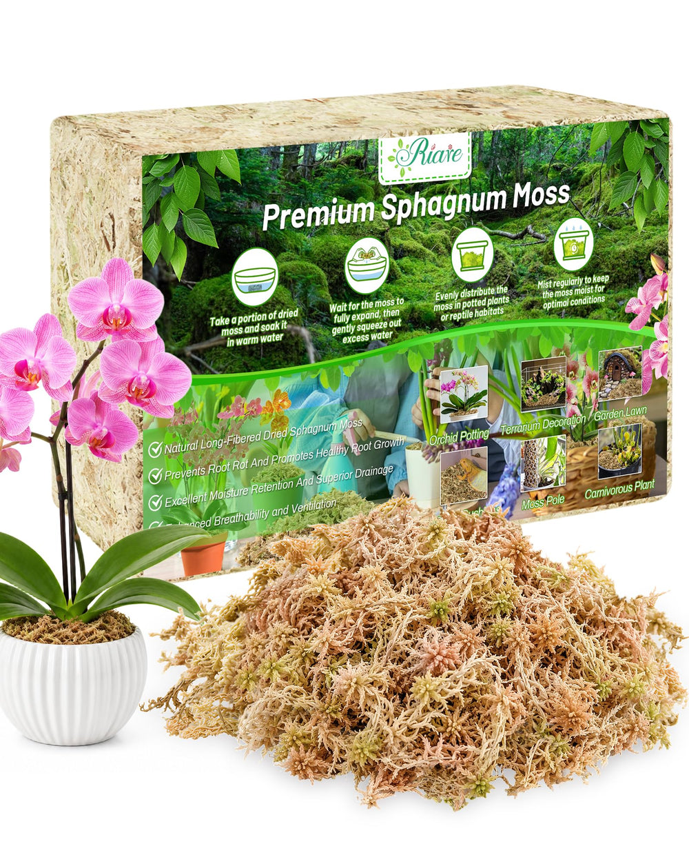 Riare 2.2LB Premium Sphagnum Moss compressed block front view