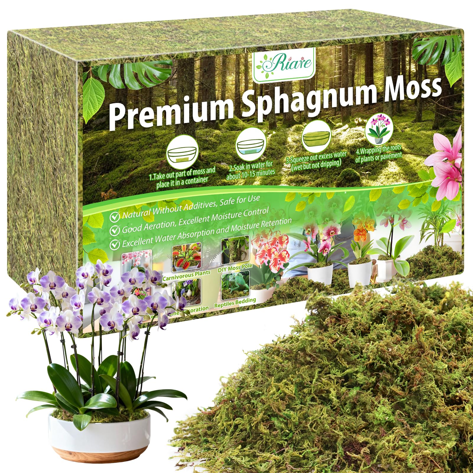 Riare 3.3lbs sphagnum moss front view packaging