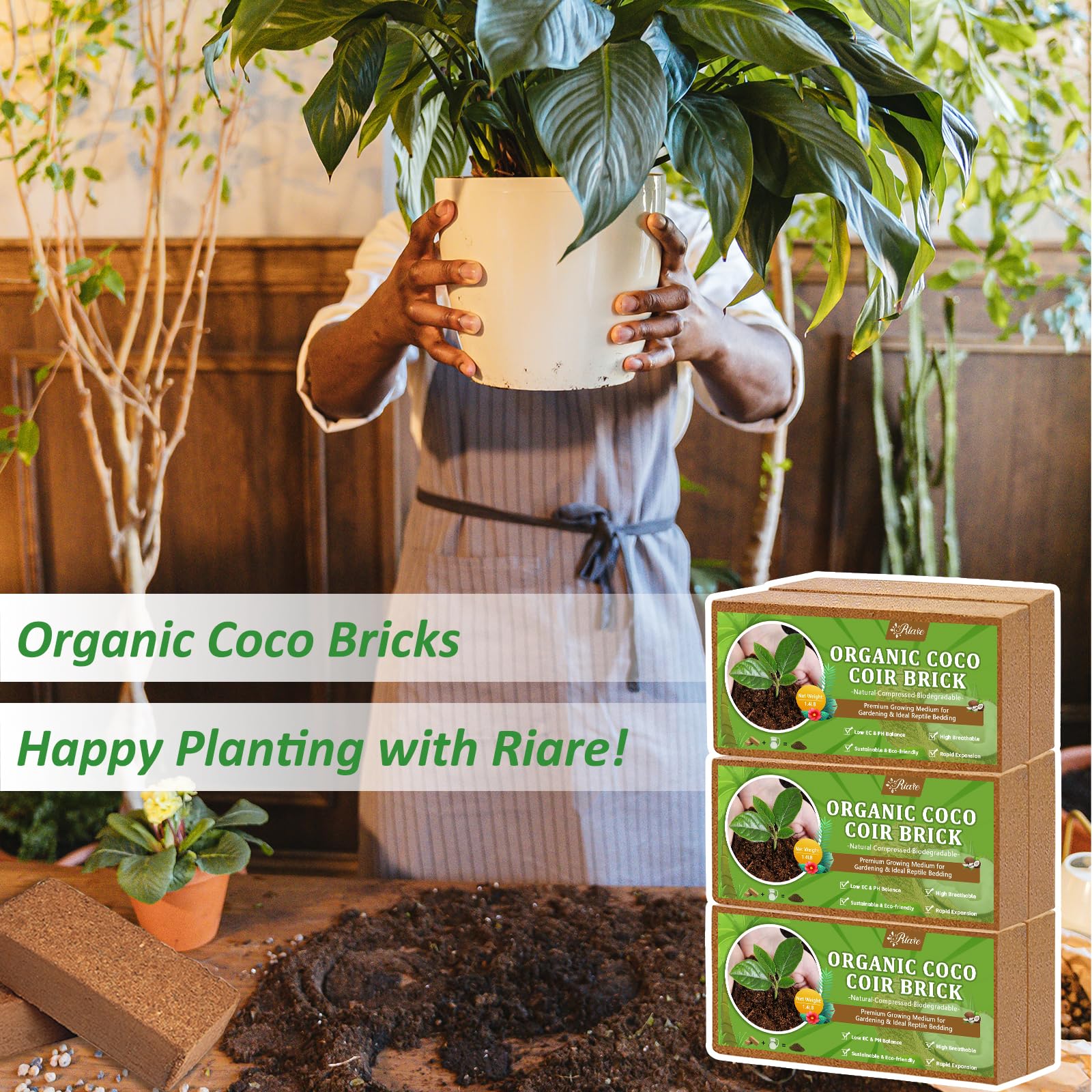 Riare coco coir bricks stacked for easy storage