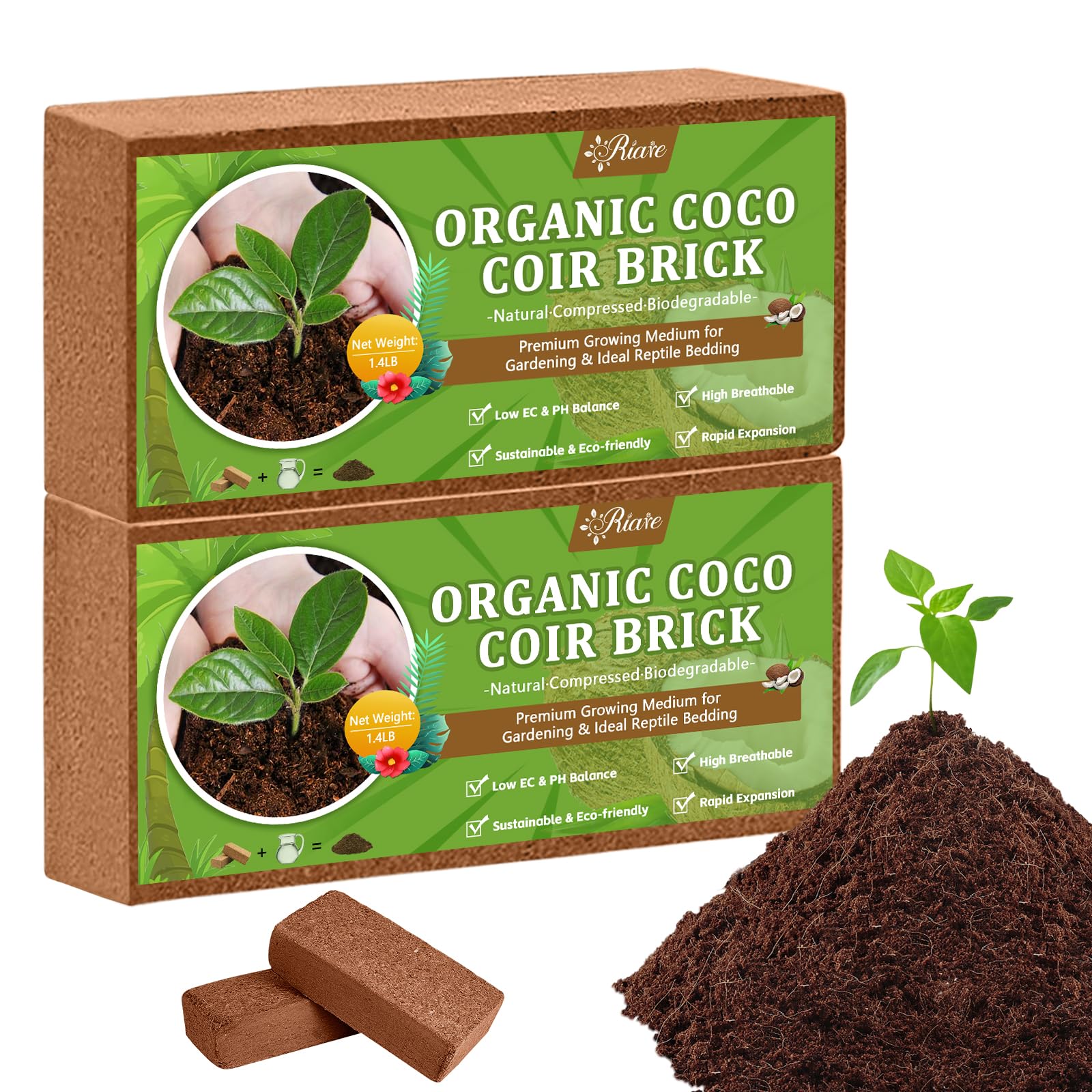 Riare Organic Coco Coir Bricks front view with packaging