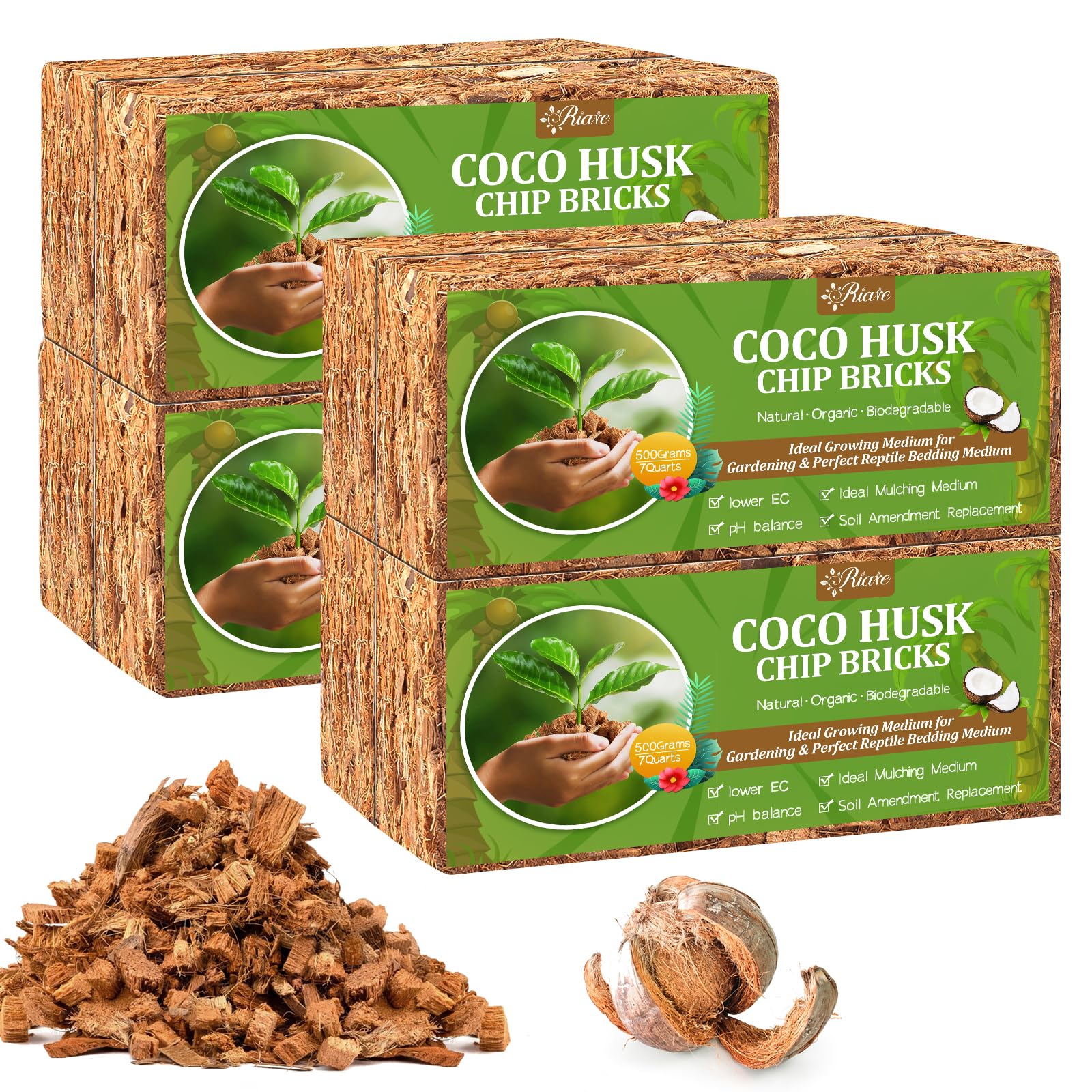 Riare Organic Coco Coir Chips 8 Pack, brown bricks in packaging
