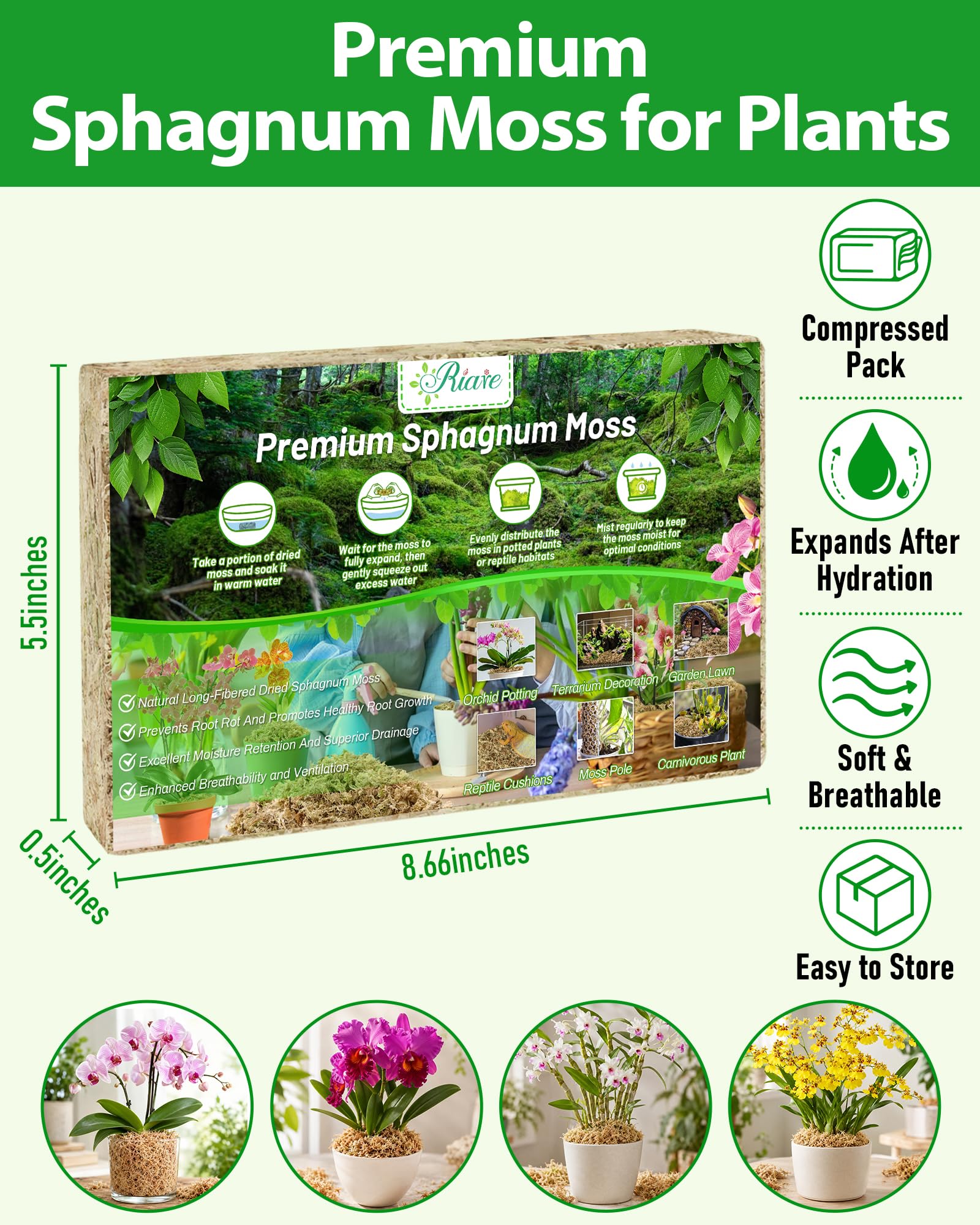 Riare Sphagnum Moss compressed block with dimensions