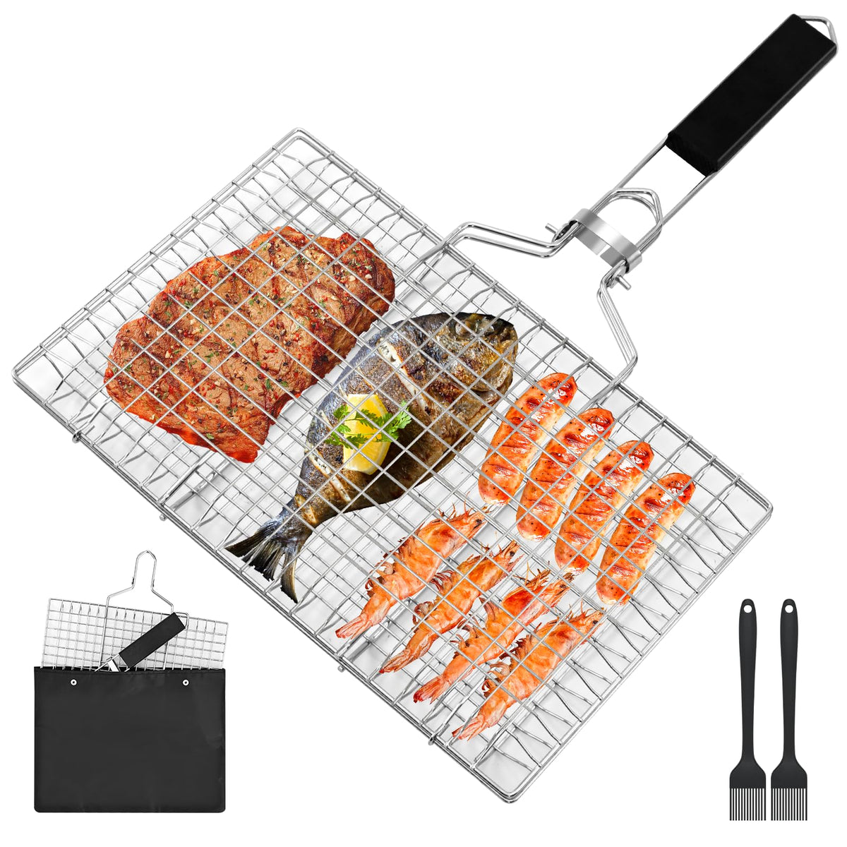Ribber Fish Grill Basket front view with detachable handle