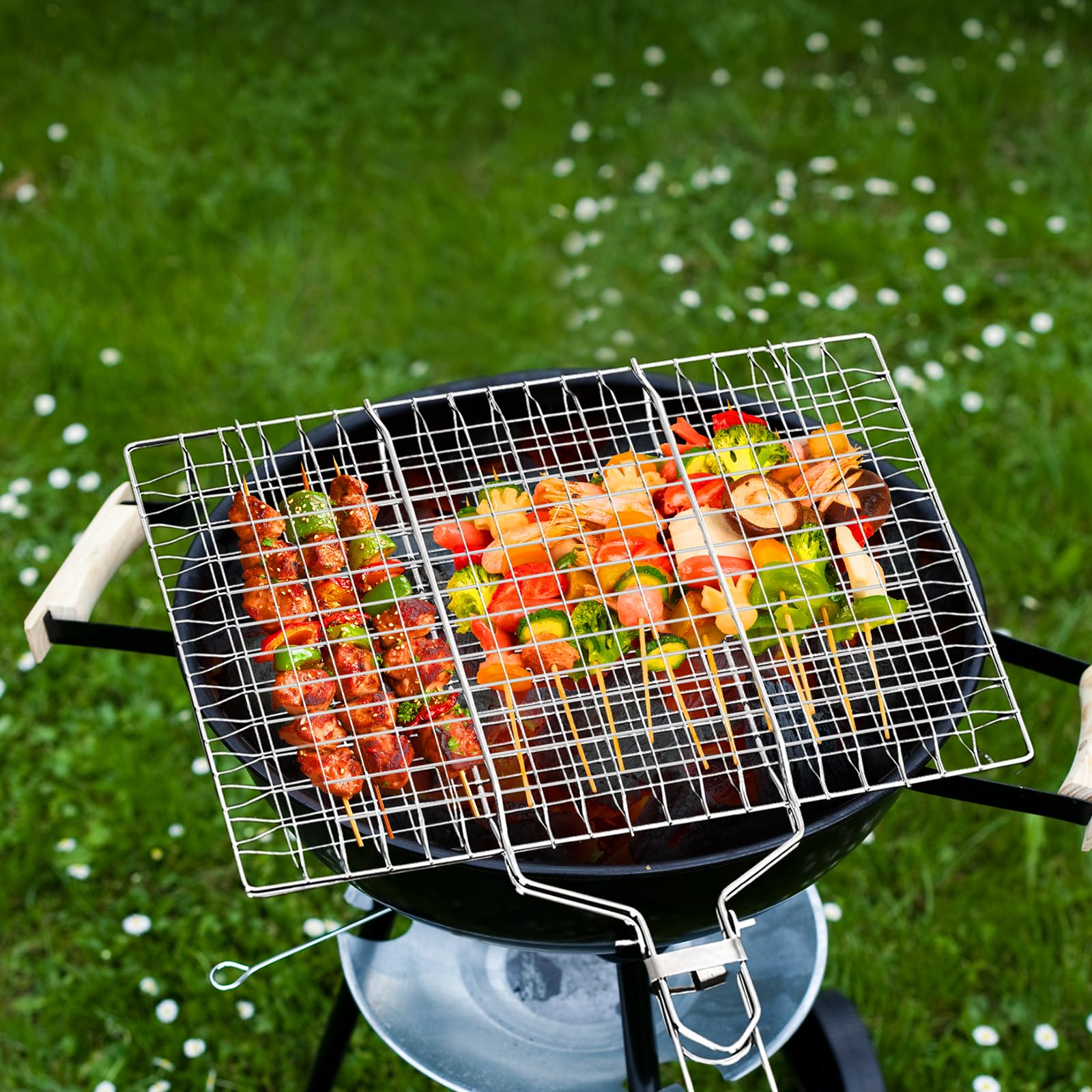Ribber Fish Grill Basket on an outdoor grill with fish