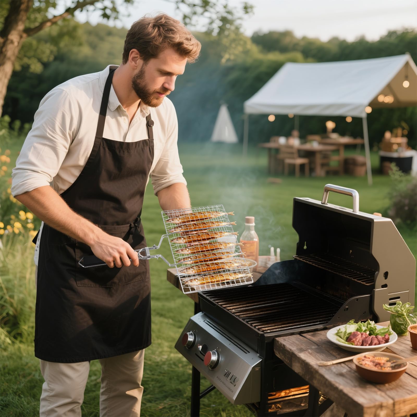 Ribber Fish Grill Basket side view showing grill mesh design