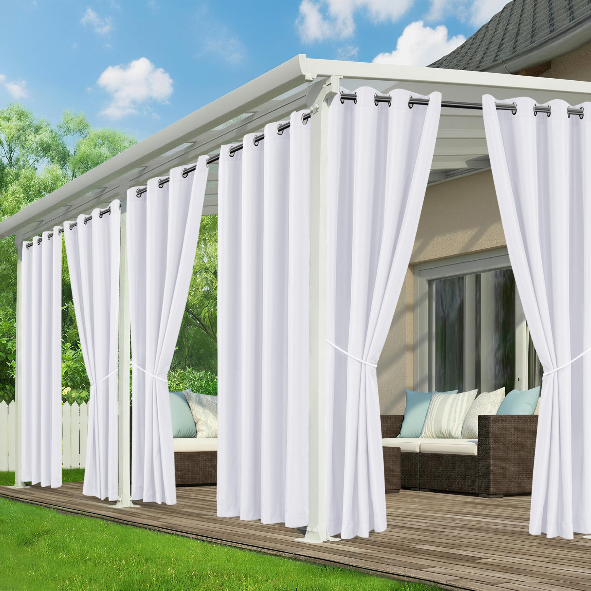 RichSets white outdoor curtain front view with grommet top