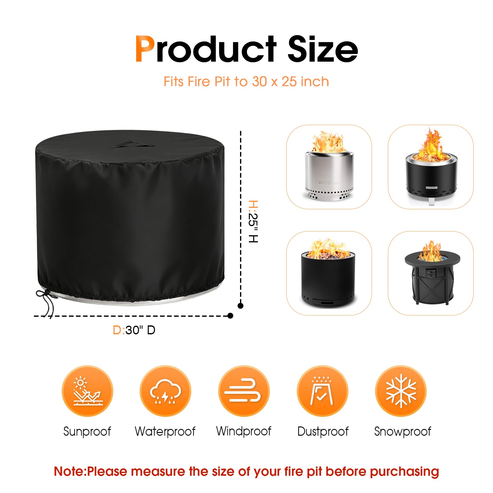Rilime Fire Pit Cover 30 D x 25 H side view with drawstring