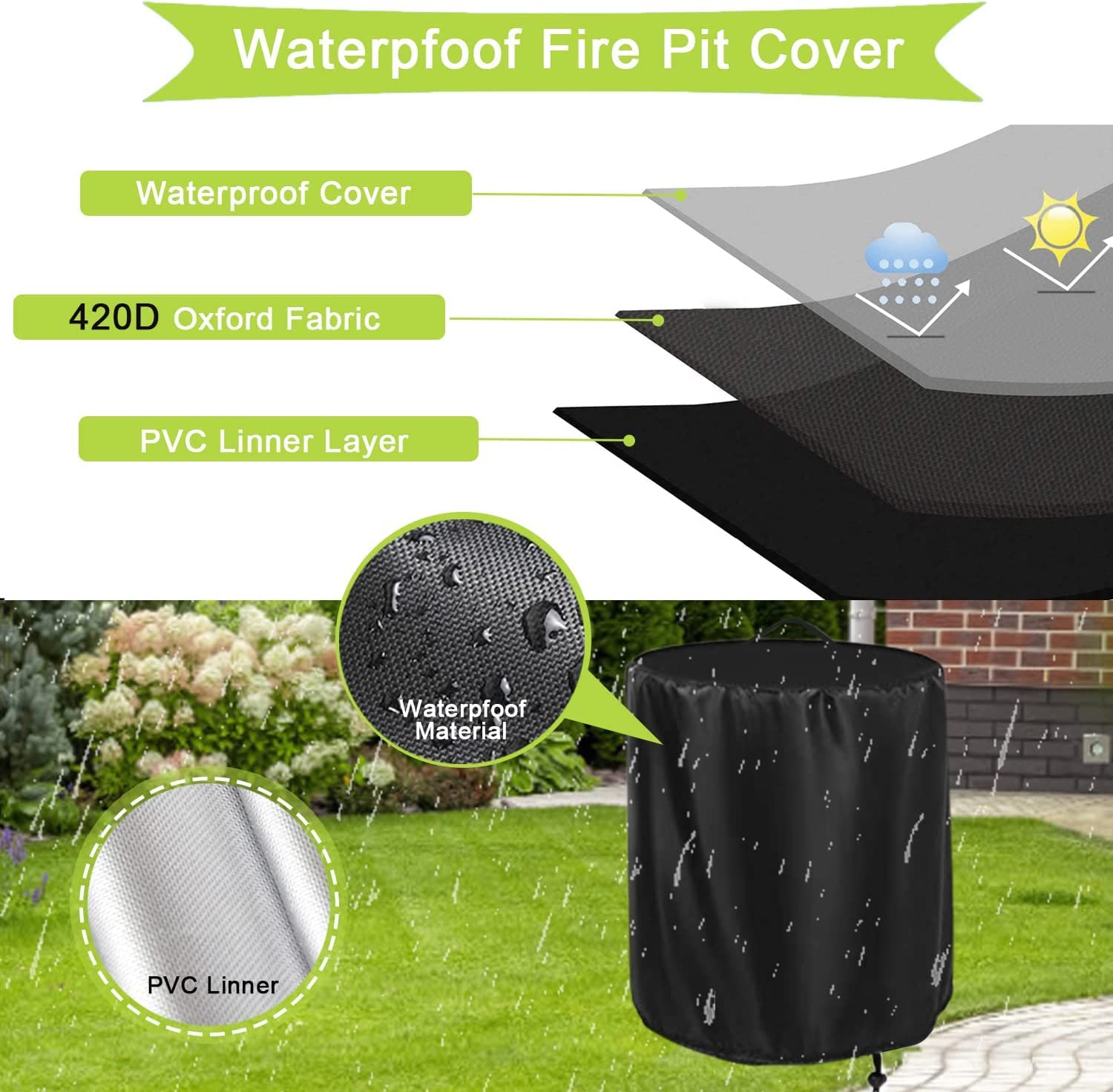 Rilime Fire Pit Cover 32 inch round black model side view