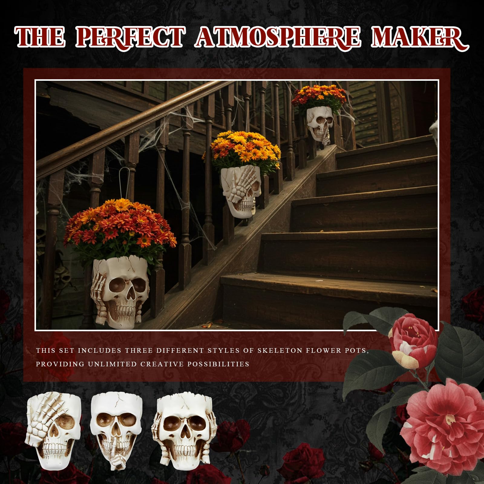 RimCereal Skull Planter set in a Halloween themed decor