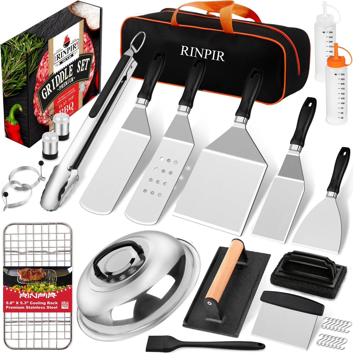 RINPIR 33PCS Griddle Accessories Kit including various utensils and storage bag