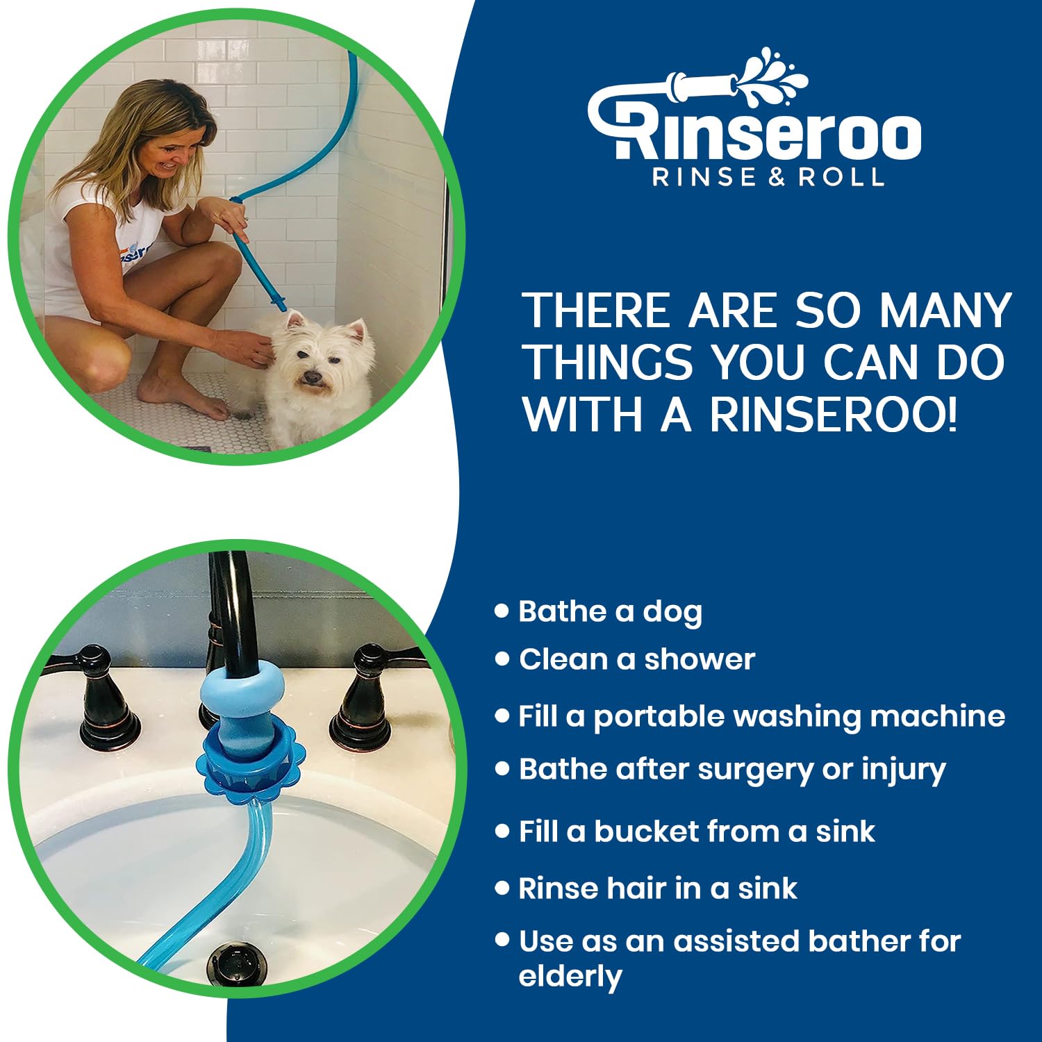 Rinseroo Dog Spot Washer attached to faucet in bathroom