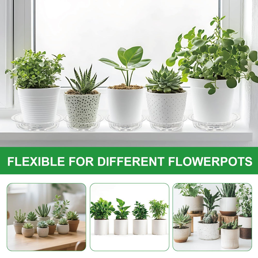 RISHACA clear plant saucers outdoors under flower pots
