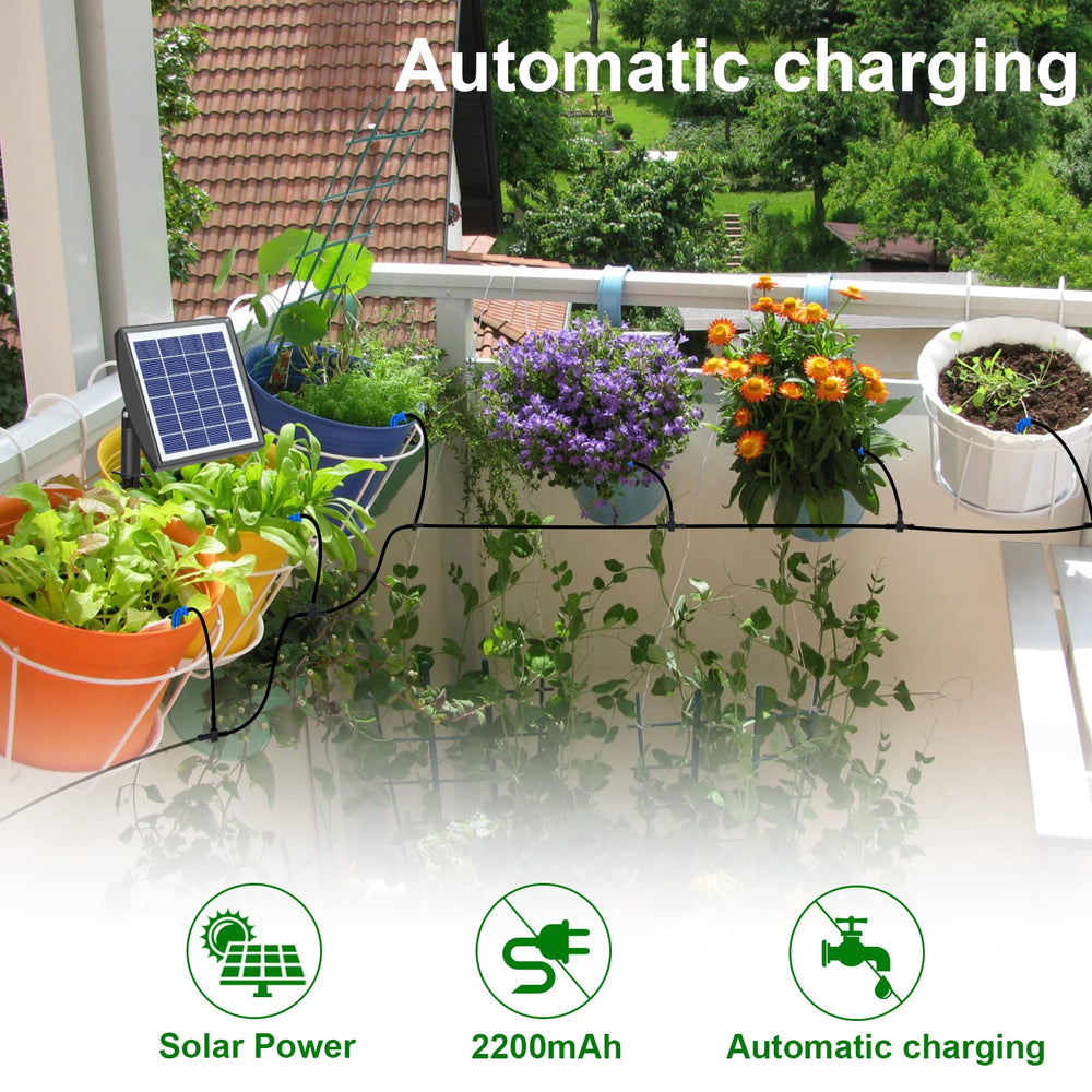 RISINGUP drip irrigation system installed in a garden with potted plants