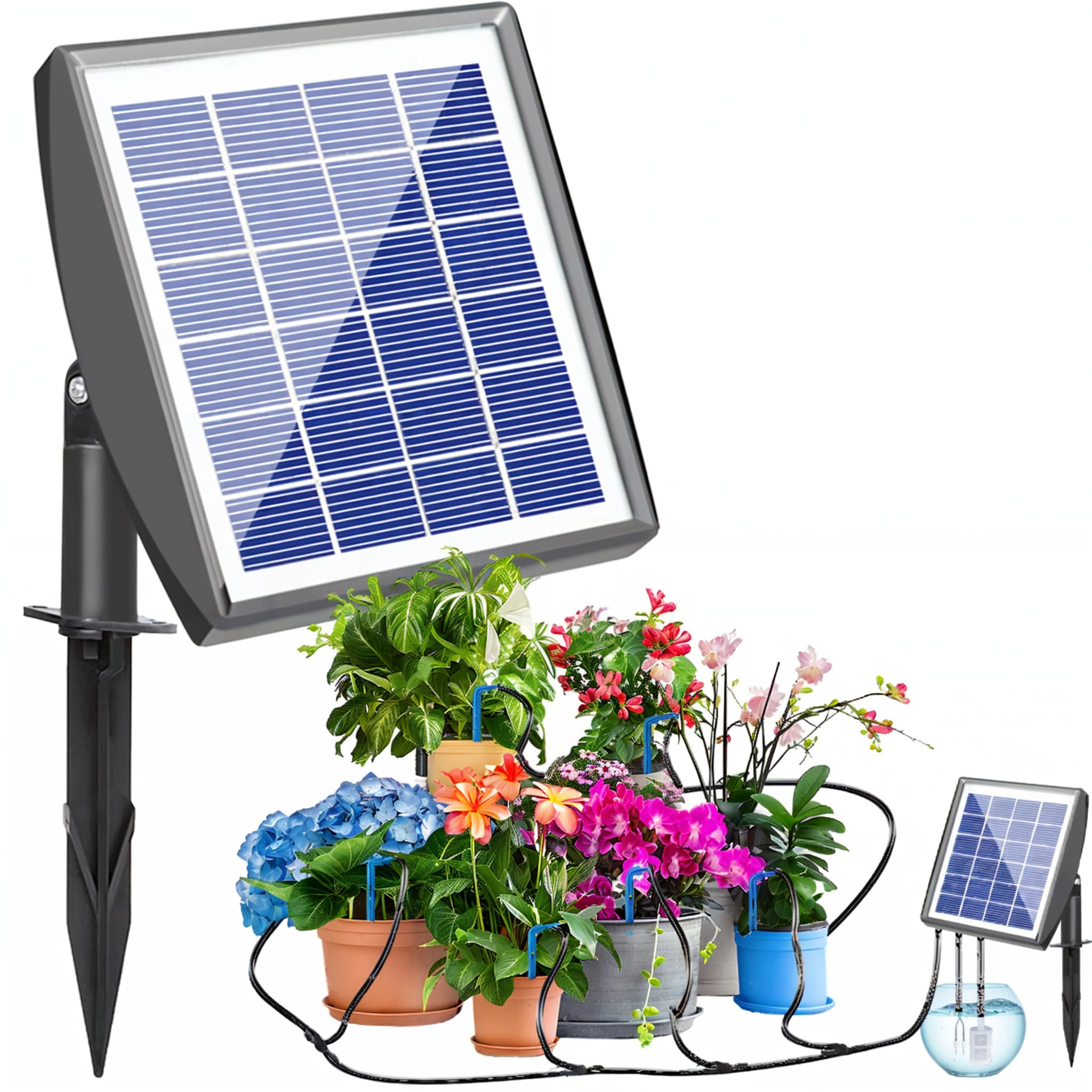 RISINGUP Solar Drip Irrigation System components including solar controller and tubing