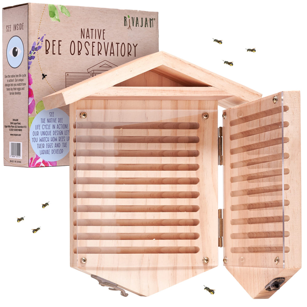 Rivajam Native Bee Observatory front view showing wooden design