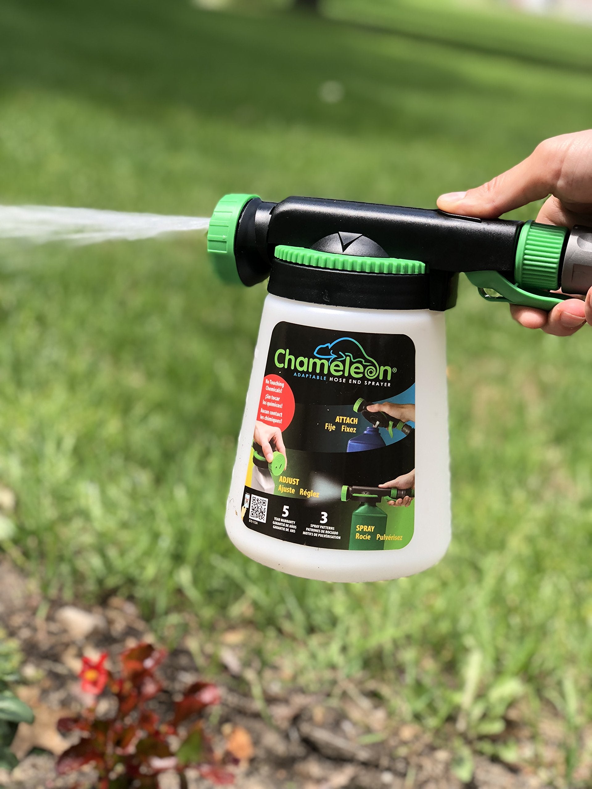 RL Flo-Master Chameleon Hose End Sprayer connected to a garden hose