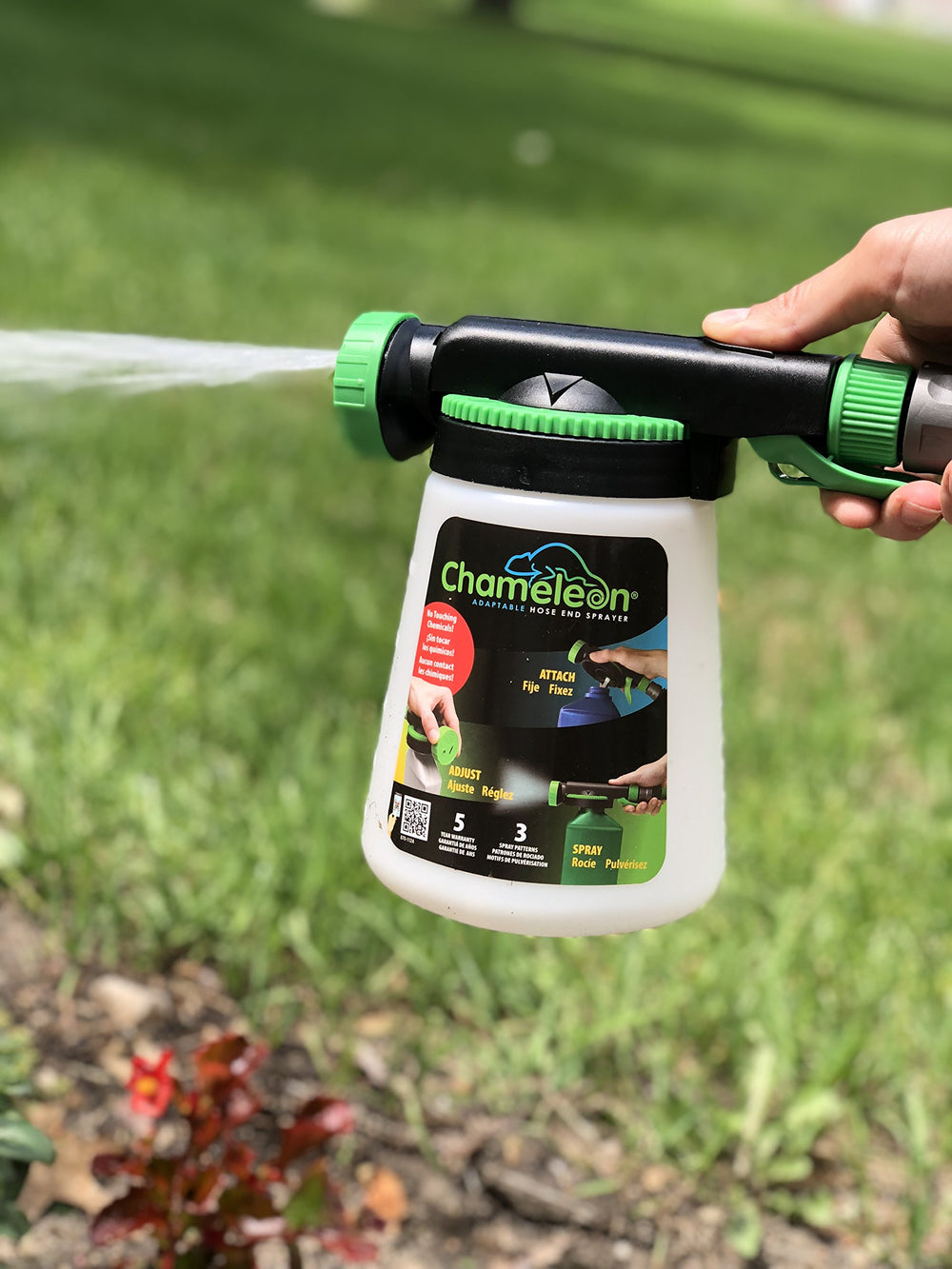 RL Flo-Master Chameleon Hose End Sprayer connected to a garden hose