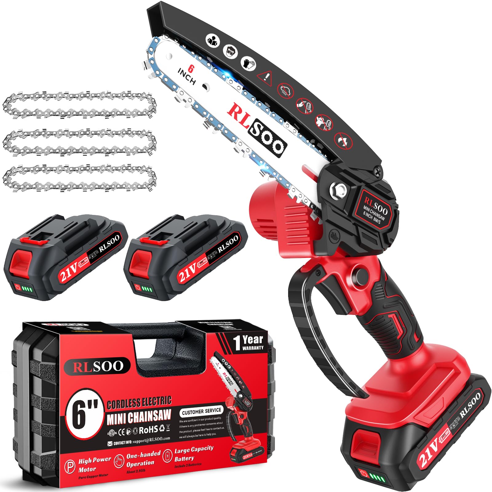 RLSOO Mini Chainsaw 6 inch cordless, red and black model front view