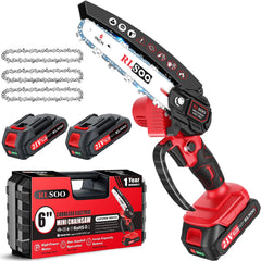 RLSOO Mini Chainsaw 6 inch cordless, red and black model front view
