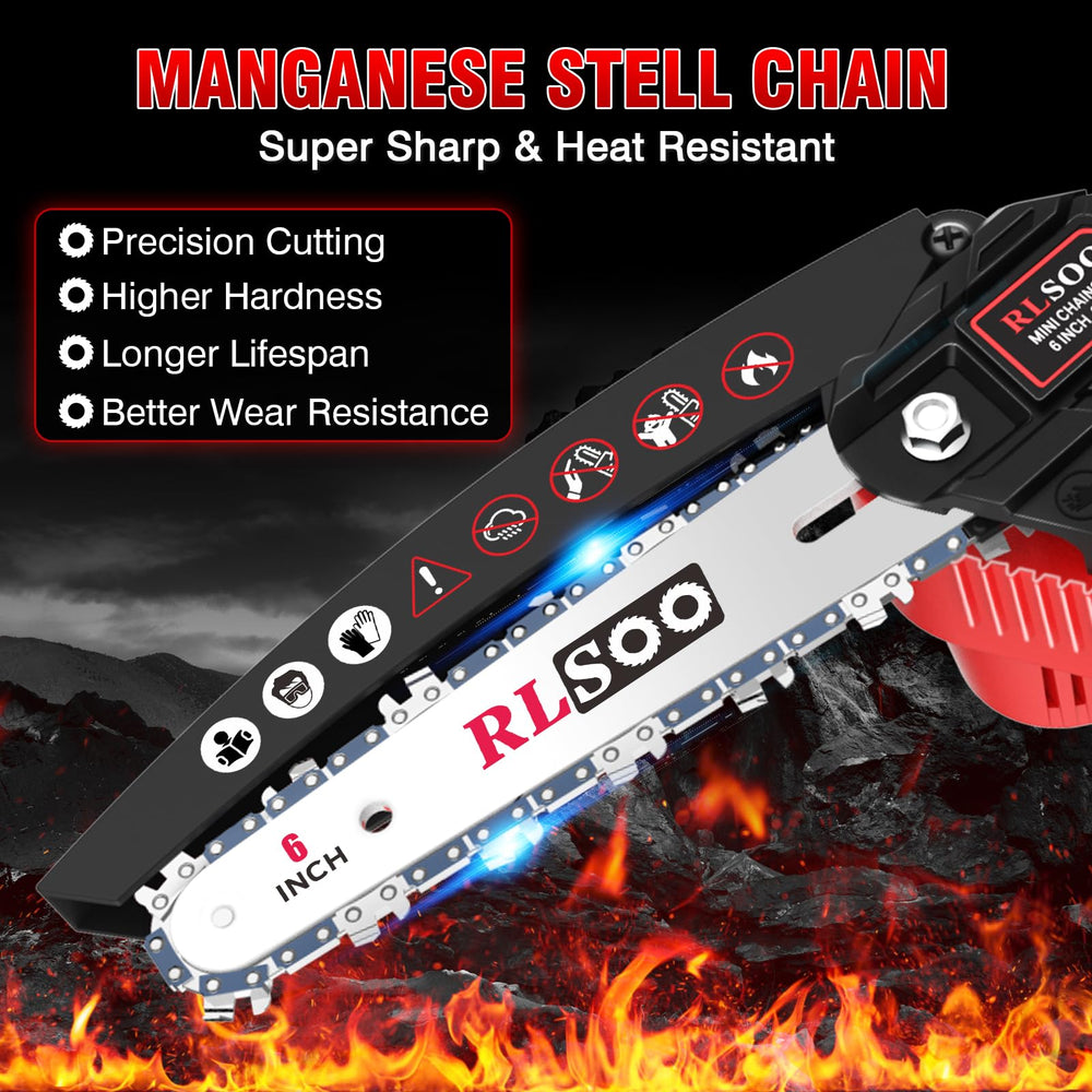 RLSOO Mini Chainsaw in a garden setting trimming branches